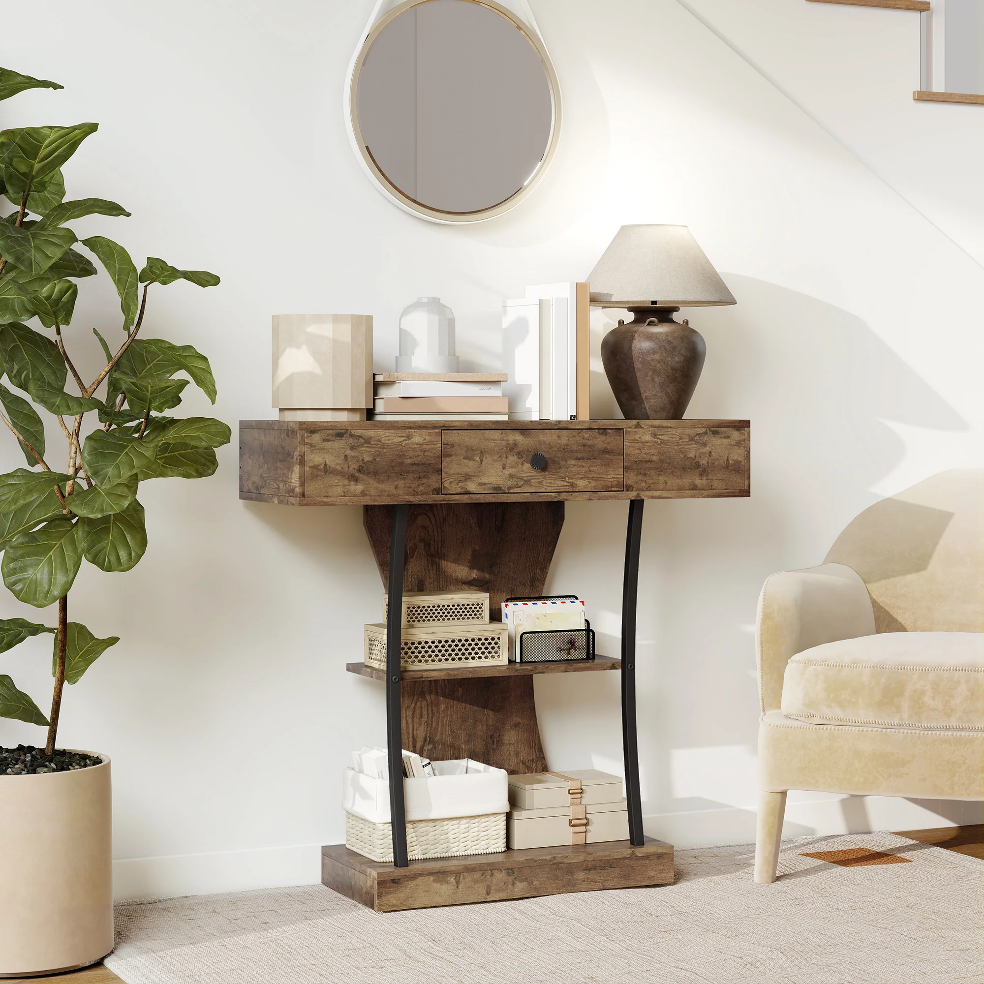 HOMCOM Console Table Hallway Table with Storage Shelves, Rustic Brown - Image 9