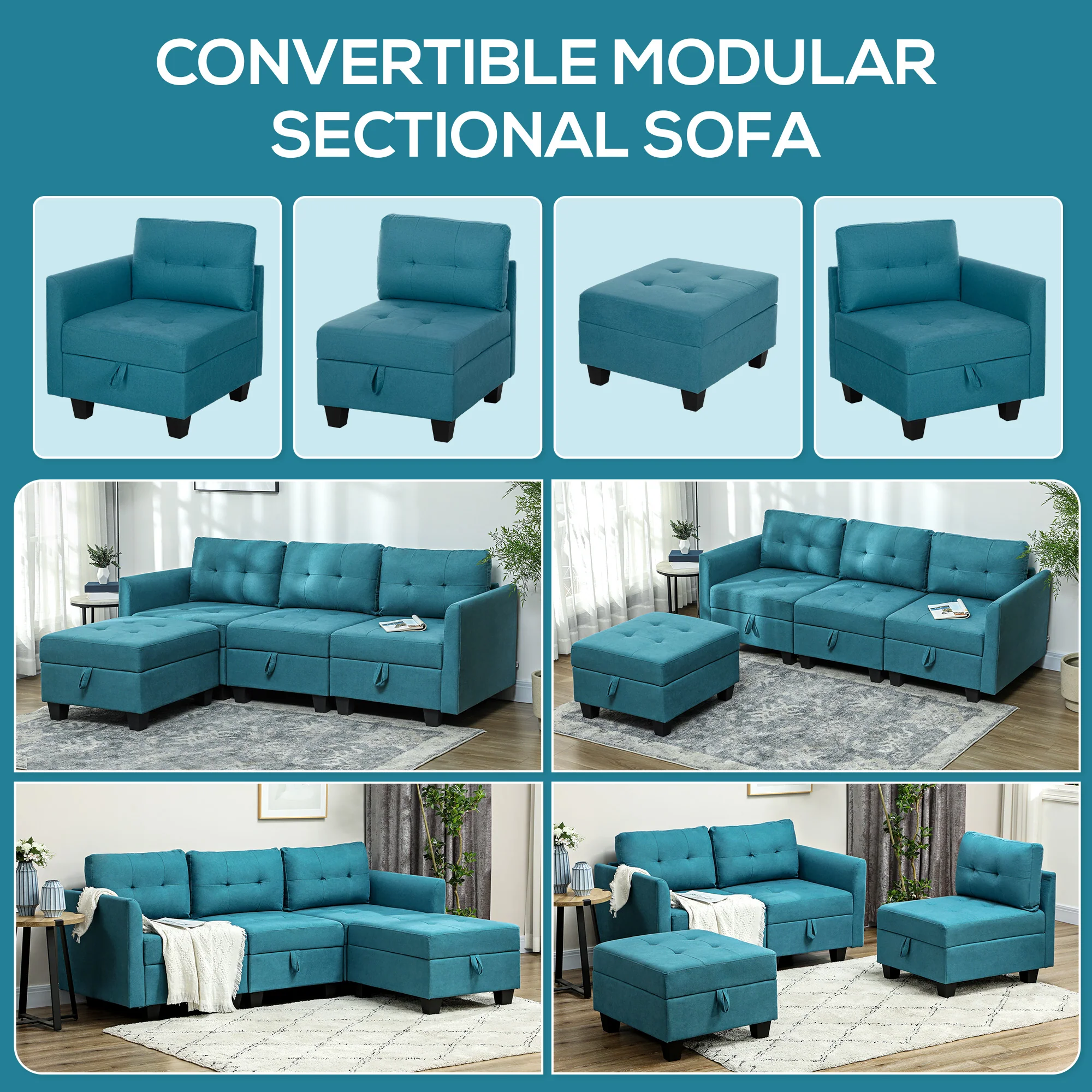 HOMCOM Convertible Modular Sectional Sofa w/ Storage Wood Frame - Image 12