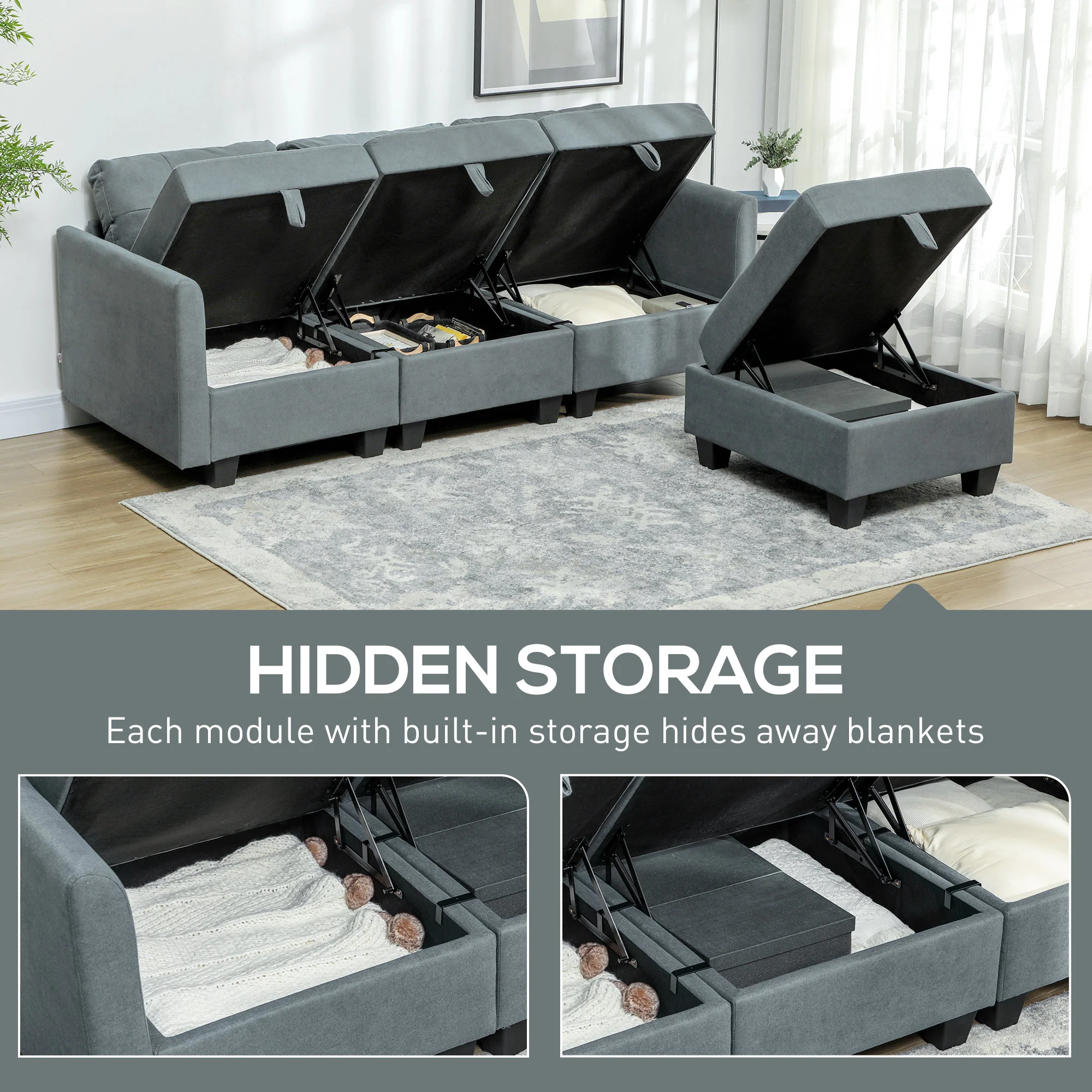HOMCOM Convertible Modular Sectional Sofa w/ Storage Wood Frame - Image 4