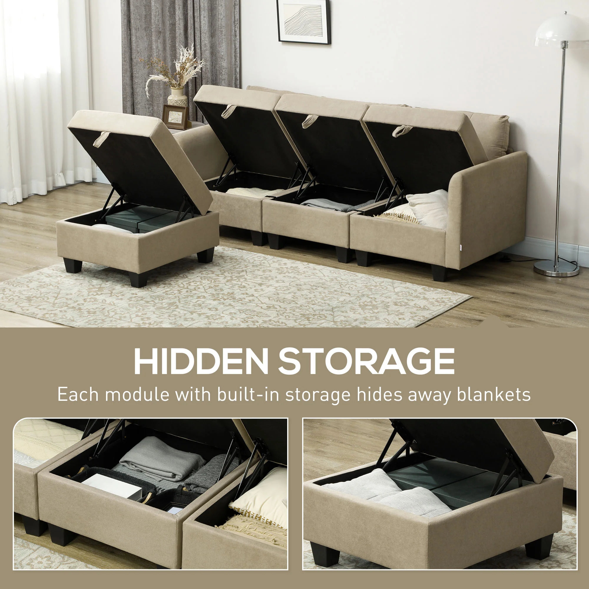 HOMCOM Convertible Modular Sectional Sofa W/ Storage Wood Frame Light Brown - Image 4