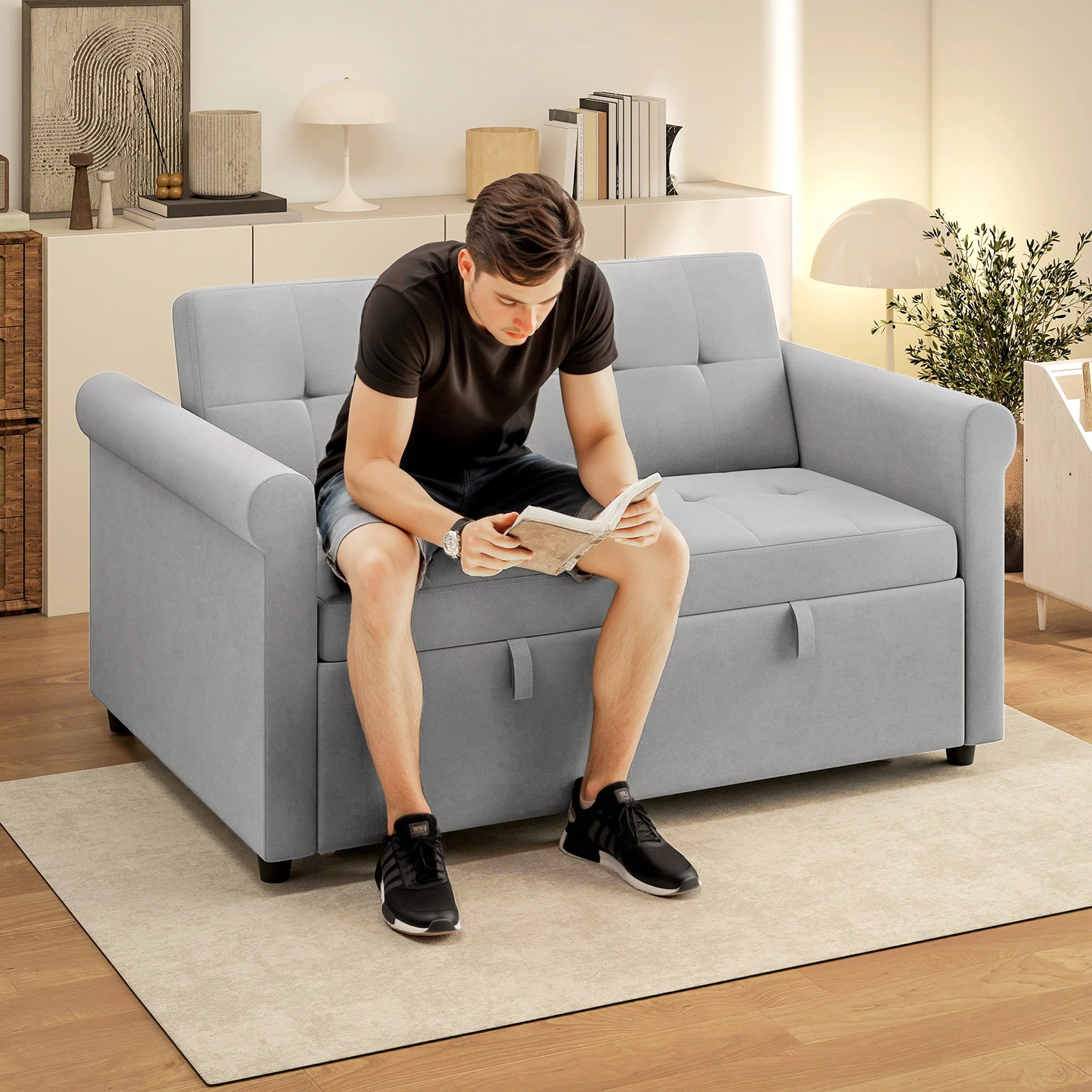 HOMCOM Convertible Pull Out Sleeper Sofa Bed Settee For Living Room, Grey - Image 2