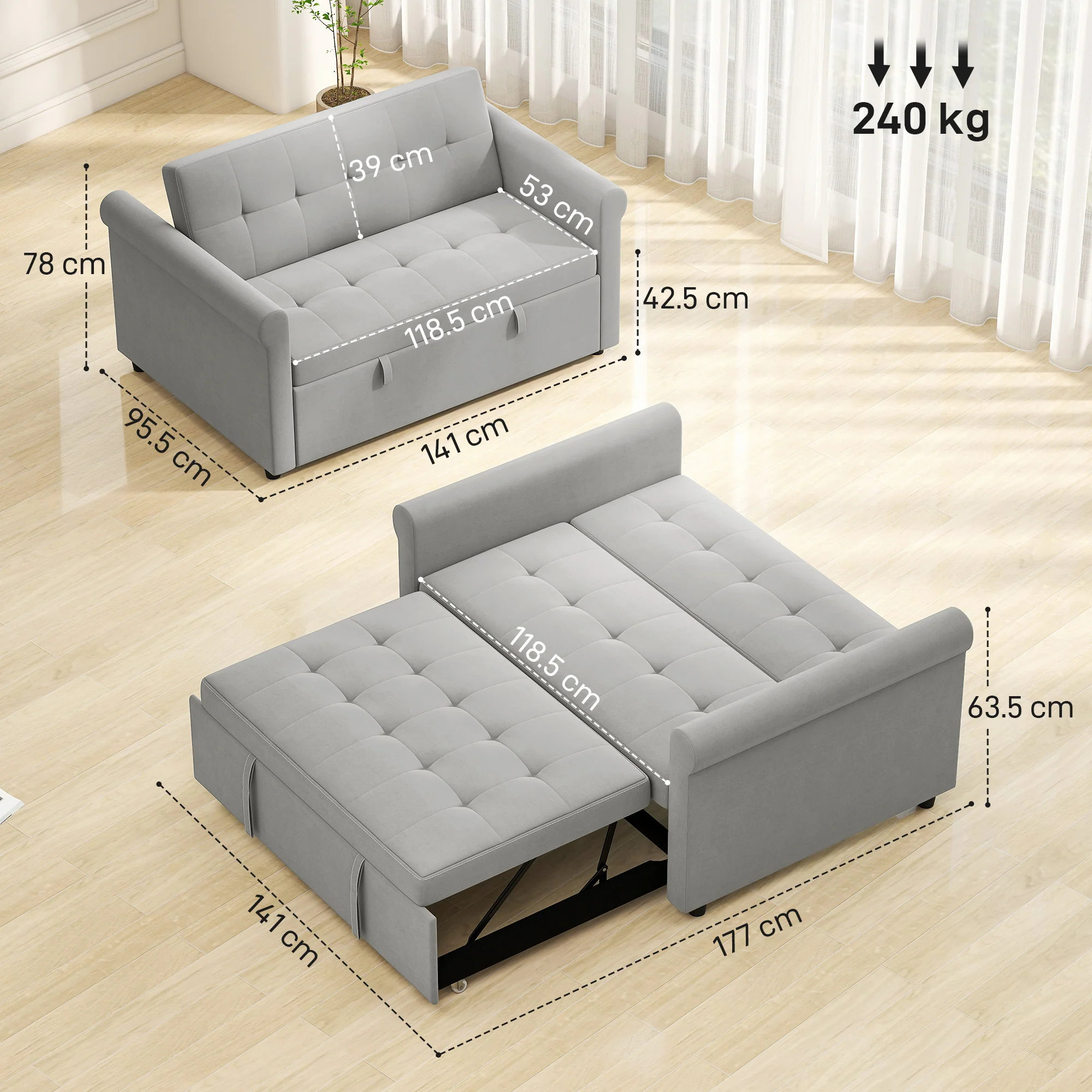 HOMCOM Convertible Pull Out Sleeper Sofa Bed Settee For Living Room, Grey - Image 3