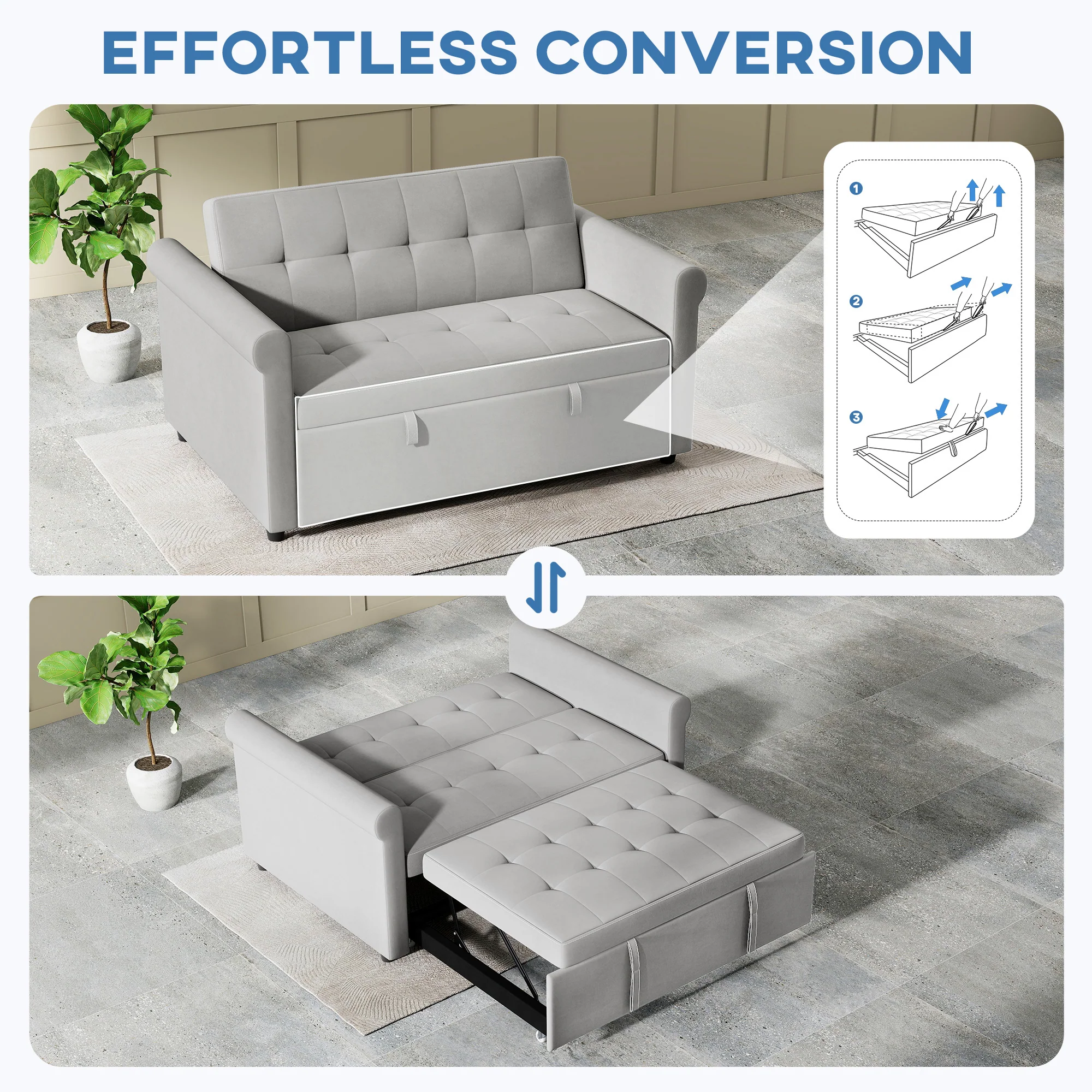 HOMCOM Convertible Pull Out Sleeper Sofa Bed Settee For Living Room, Grey - Image 4