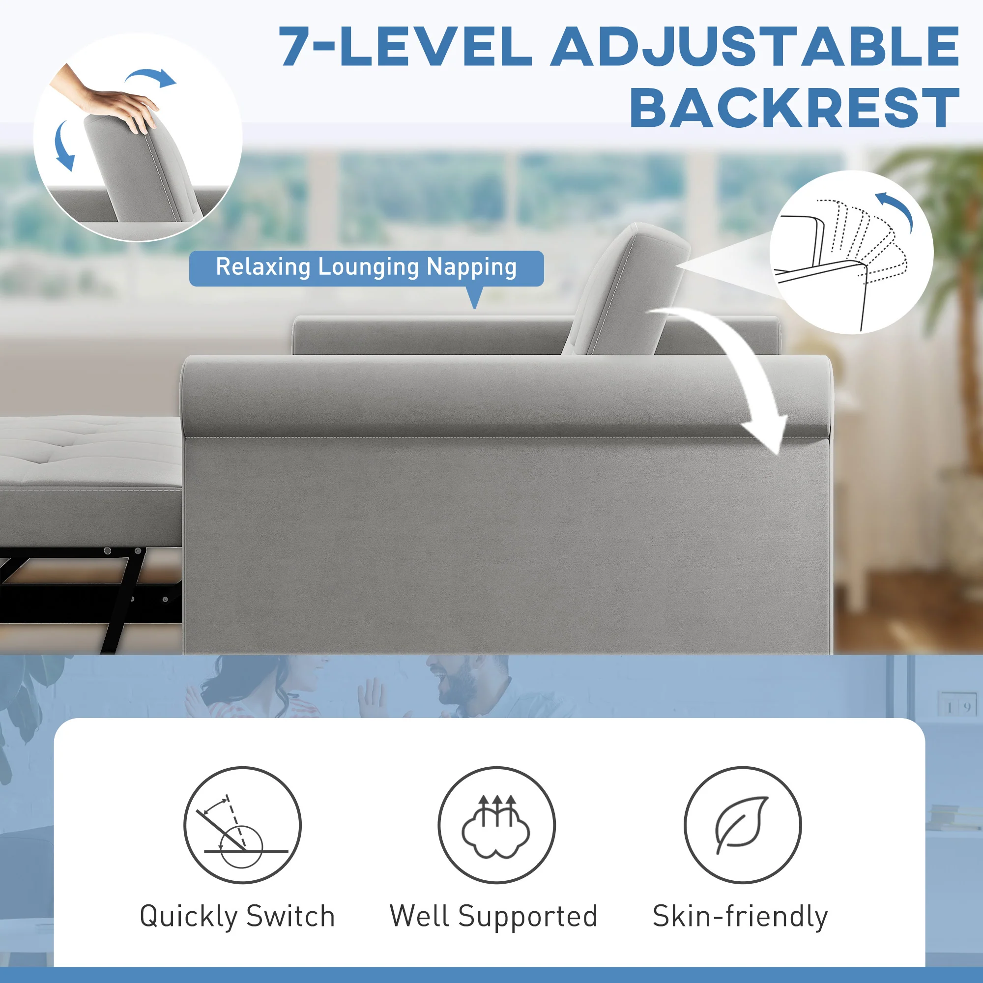 HOMCOM Convertible Pull Out Sleeper Sofa Bed Settee For Living Room, Grey - Image 5