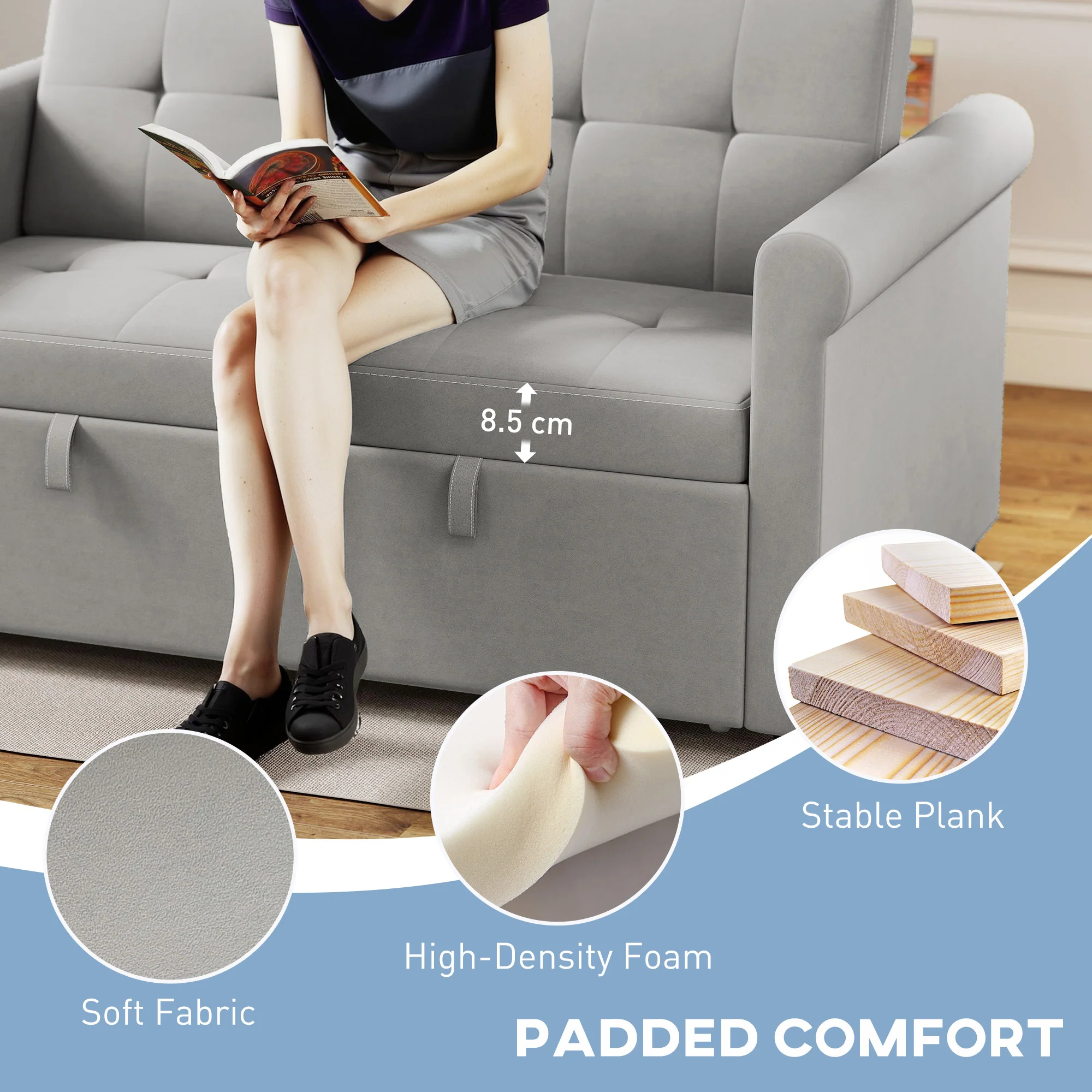 HOMCOM Convertible Pull Out Sleeper Sofa Bed Settee For Living Room, Grey - Image 6