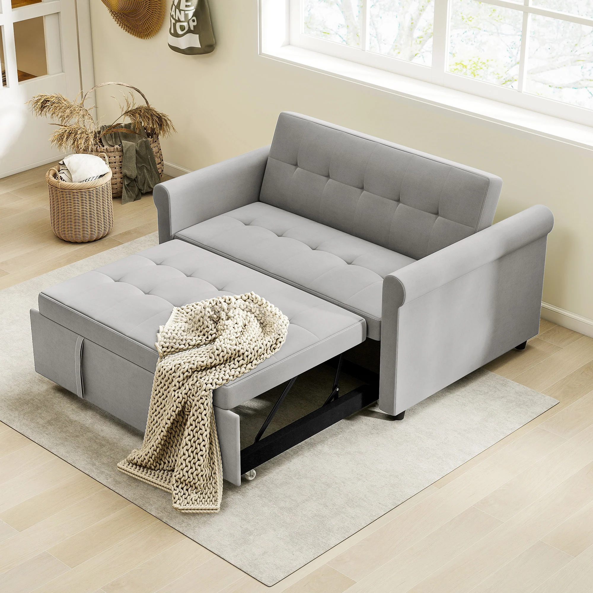 HOMCOM Convertible Pull Out Sleeper Sofa Bed Settee For Living Room, Grey - Image 7