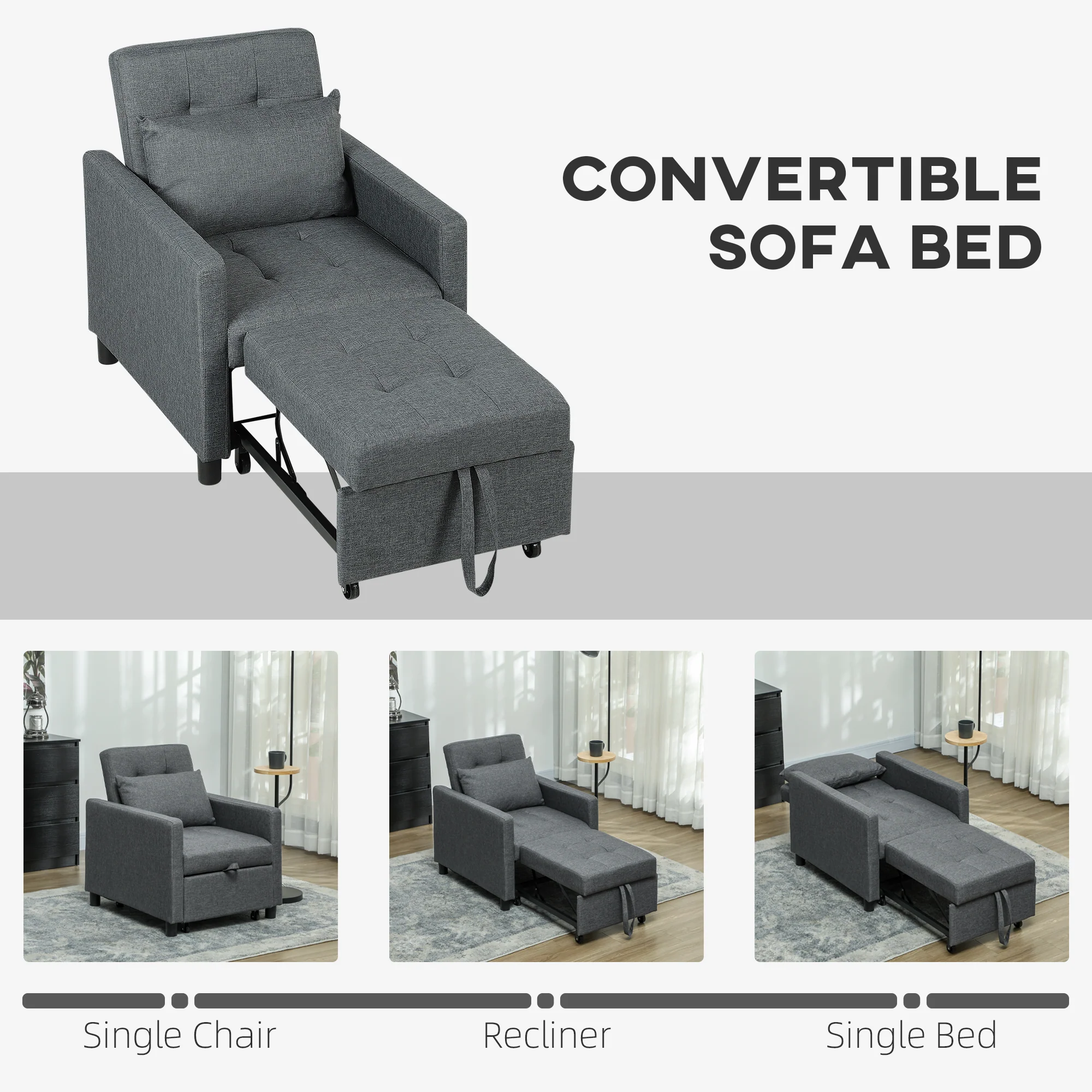 HOMCOM Convertible Single Chair Bed with Upholstered Fabric - Image 12