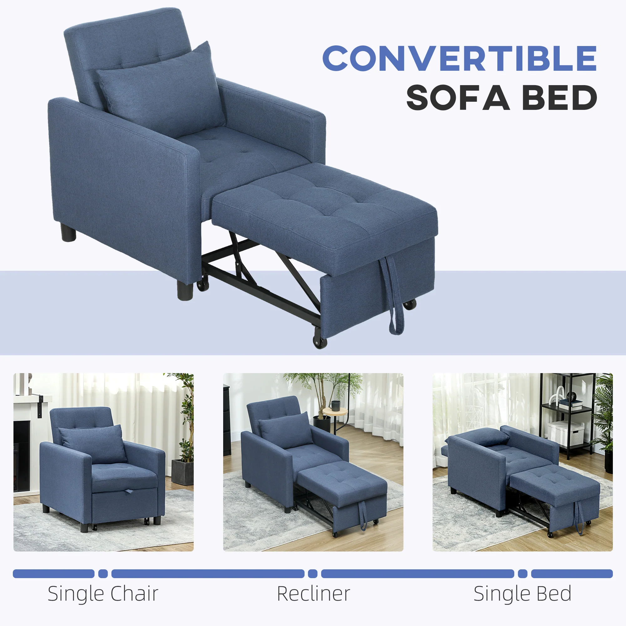 HOMCOM Convertible Single Chair Bed with Upholstered Fabric - Image 3