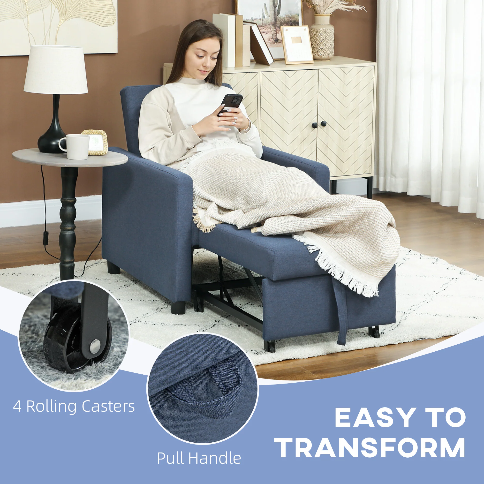 HOMCOM Convertible Single Chair Bed with Upholstered Fabric - Image 6
