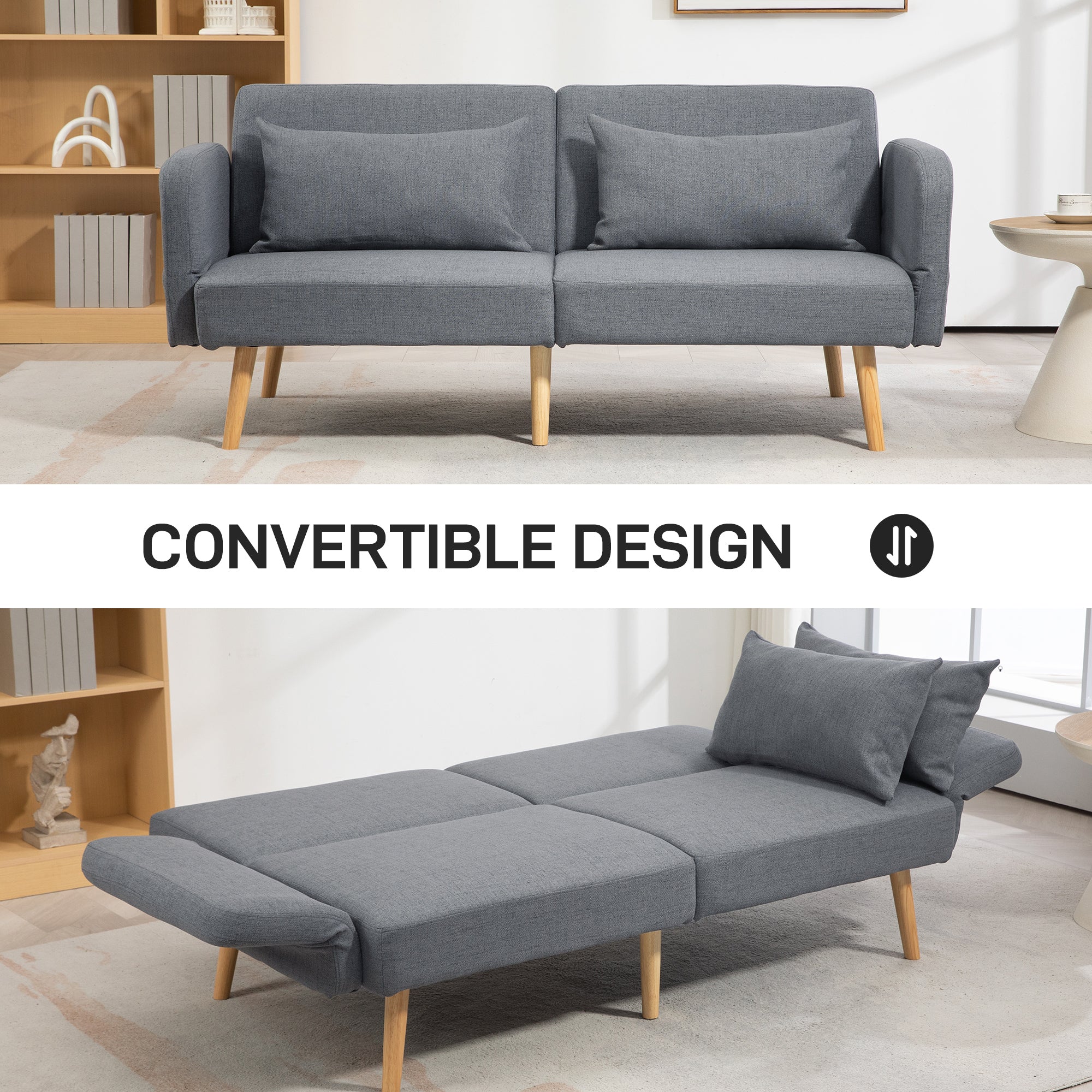 HOMCOM Convertible Sofa Bed Settee with Cushions, Adjustable Backrest, Grey - Image 3