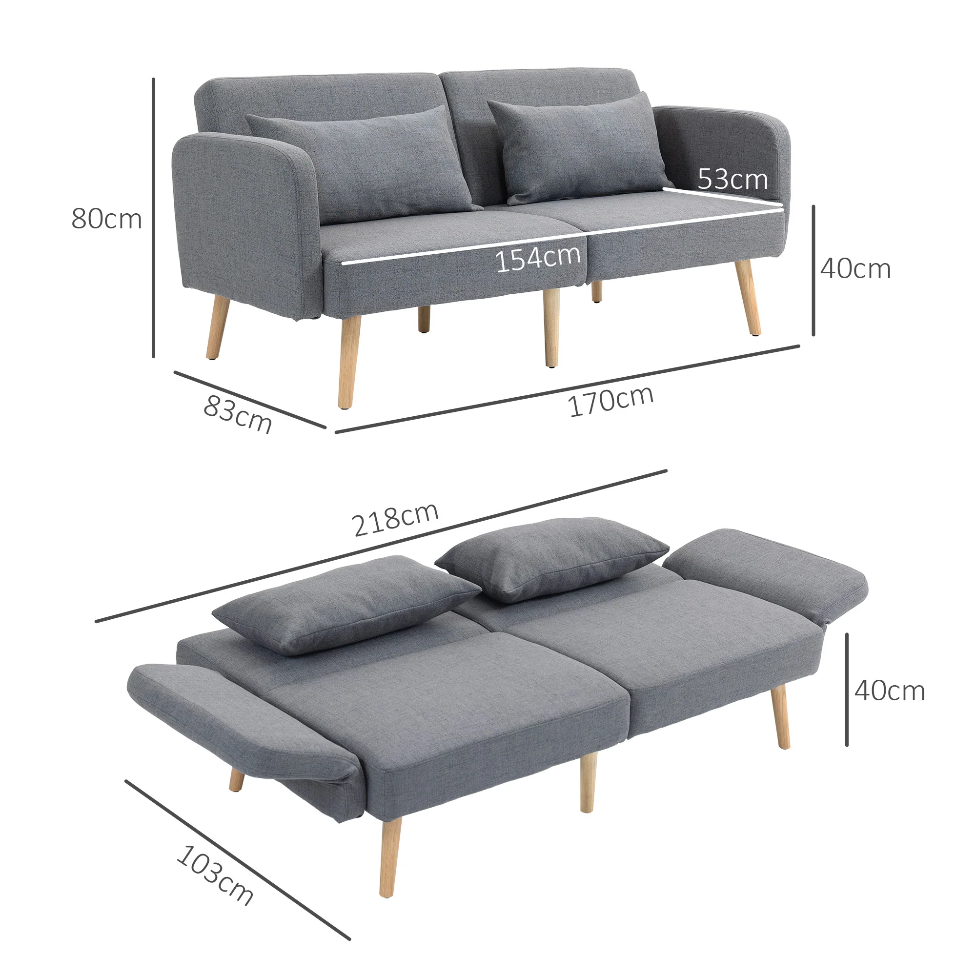 HOMCOM Convertible Sofa Bed Settee with Cushions, Adjustable Backrest, Grey - Image 5