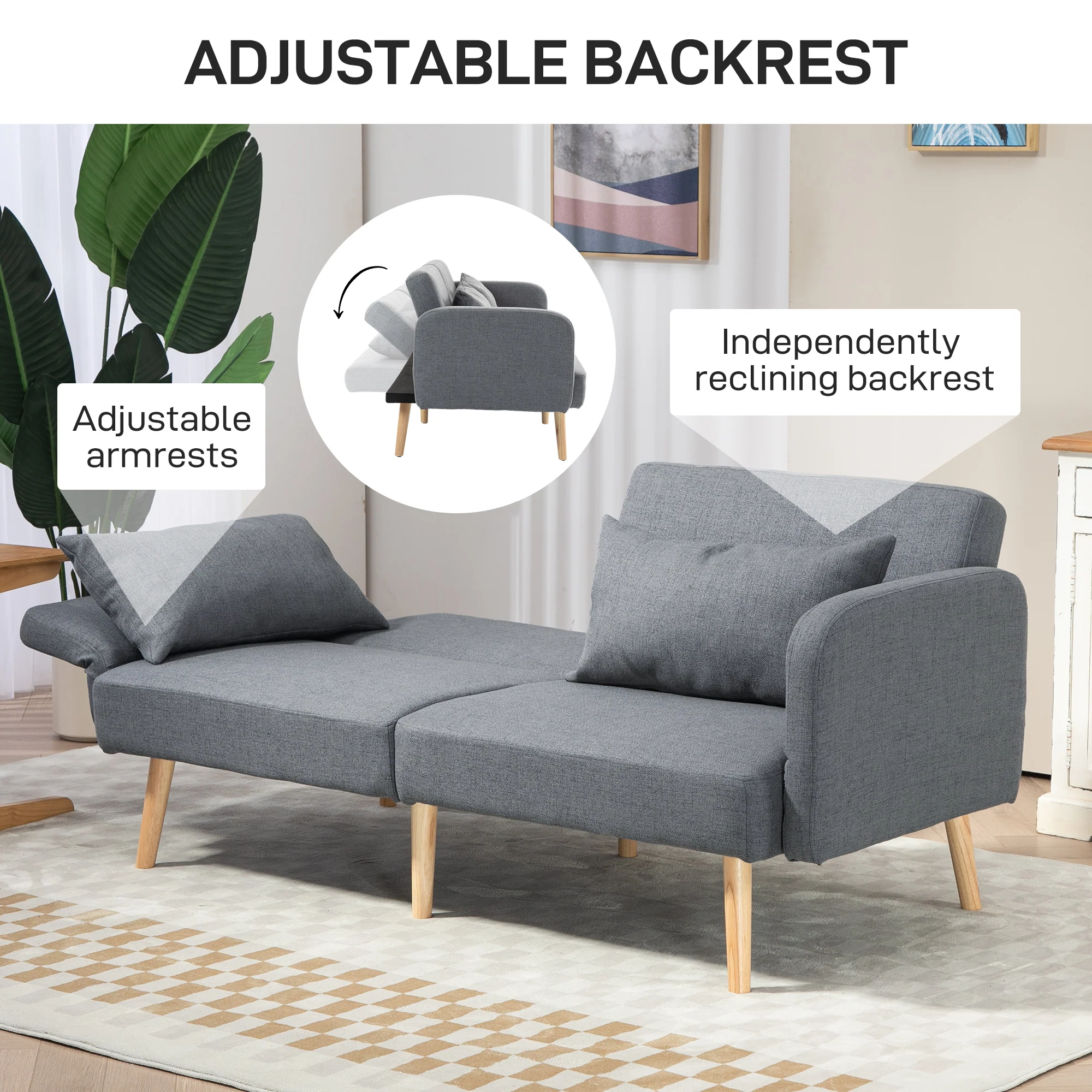 HOMCOM Convertible Sofa Bed Settee with Cushions, Adjustable Backrest, Grey - Image 6