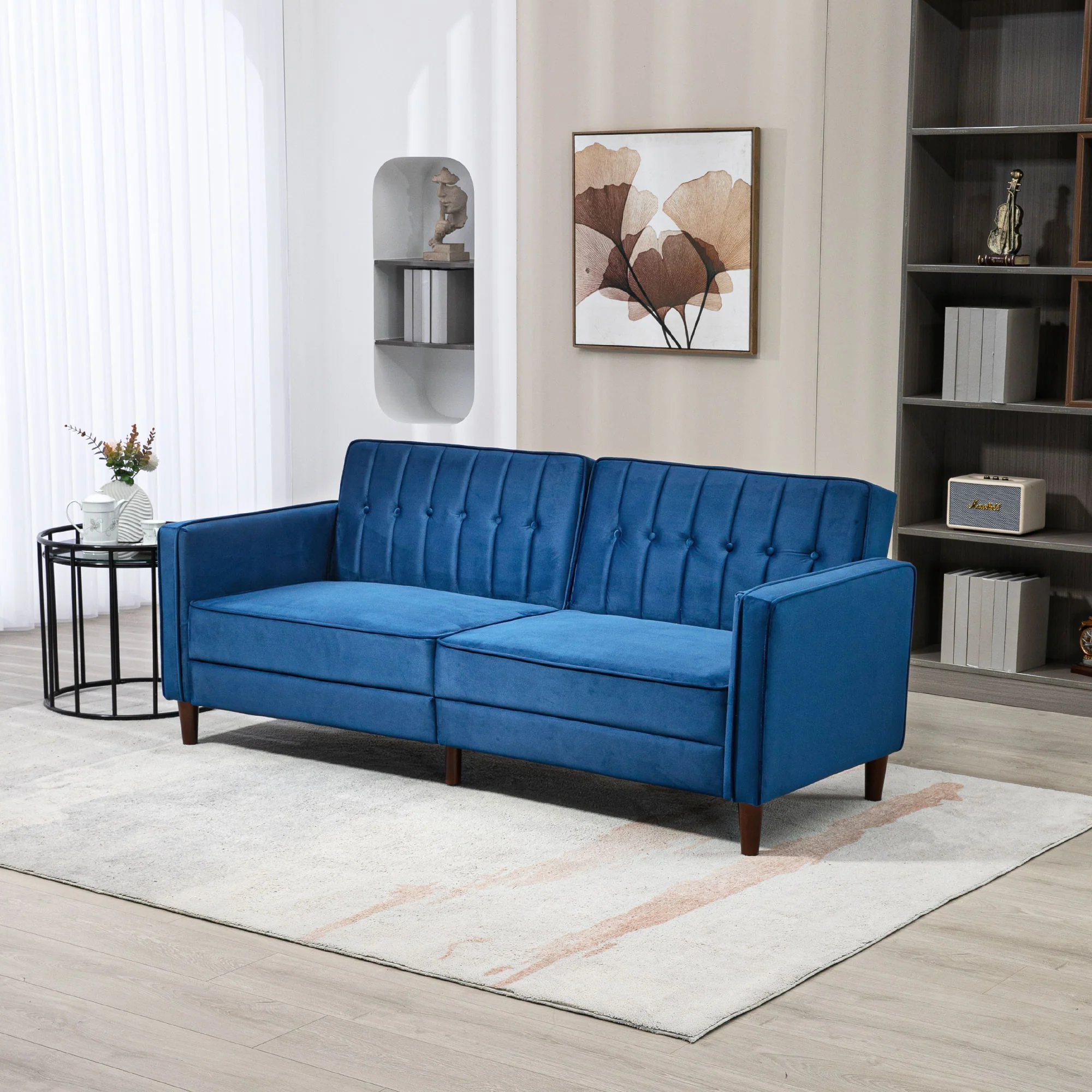 HOMCOM Convertible Sofa Futon Velvet-Touch Tufted Couch Sofa Bed Split Back Blue - Image 2