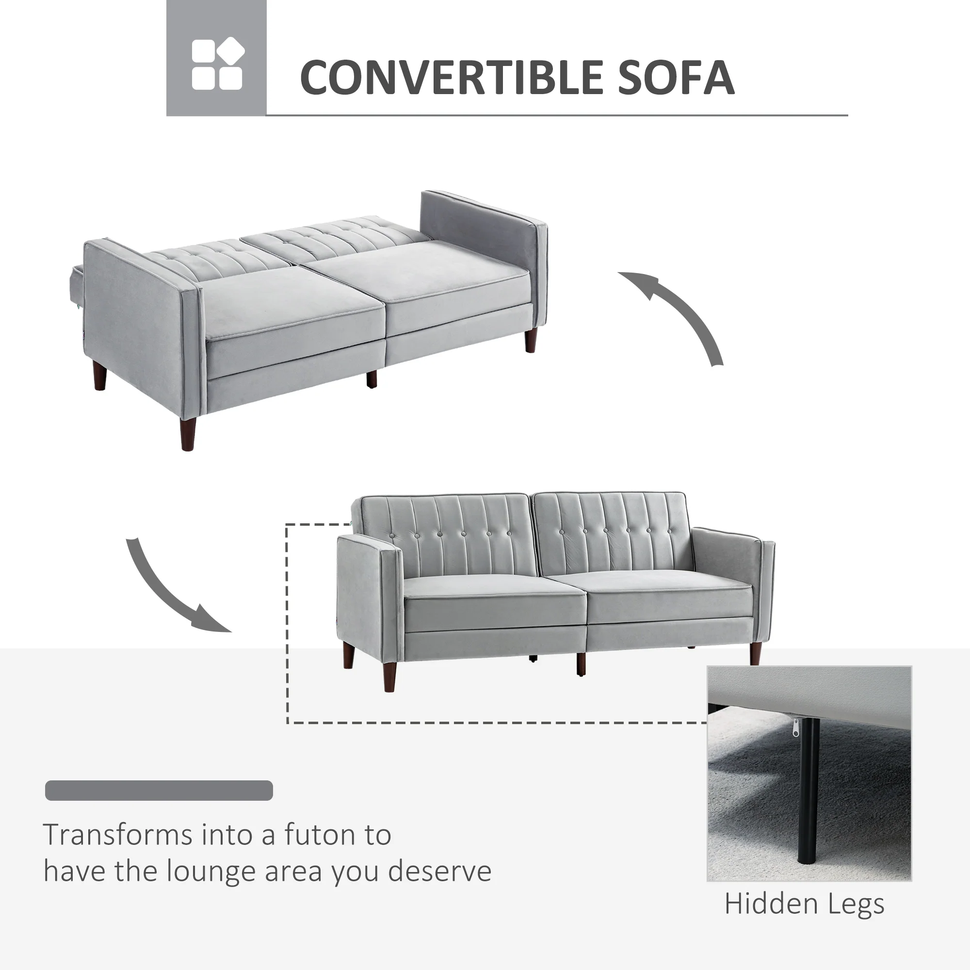 HOMCOM Convertible Sofa Futon Velvet-Touch Tufted Couch Sofa Bed Split Back Grey - Image 3