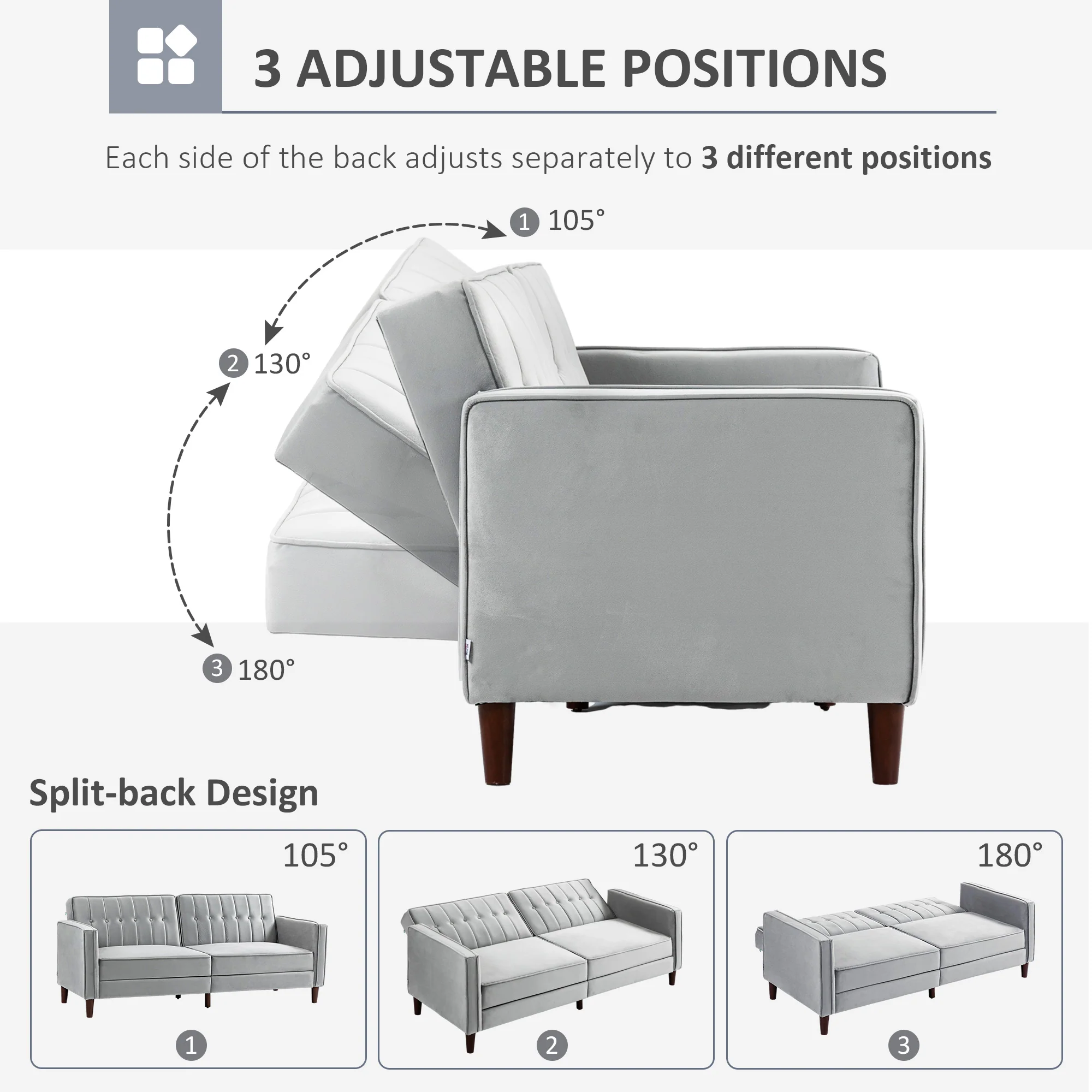 HOMCOM Convertible Sofa Futon Velvet-Touch Tufted Couch Sofa Bed Split Back Grey - Image 4