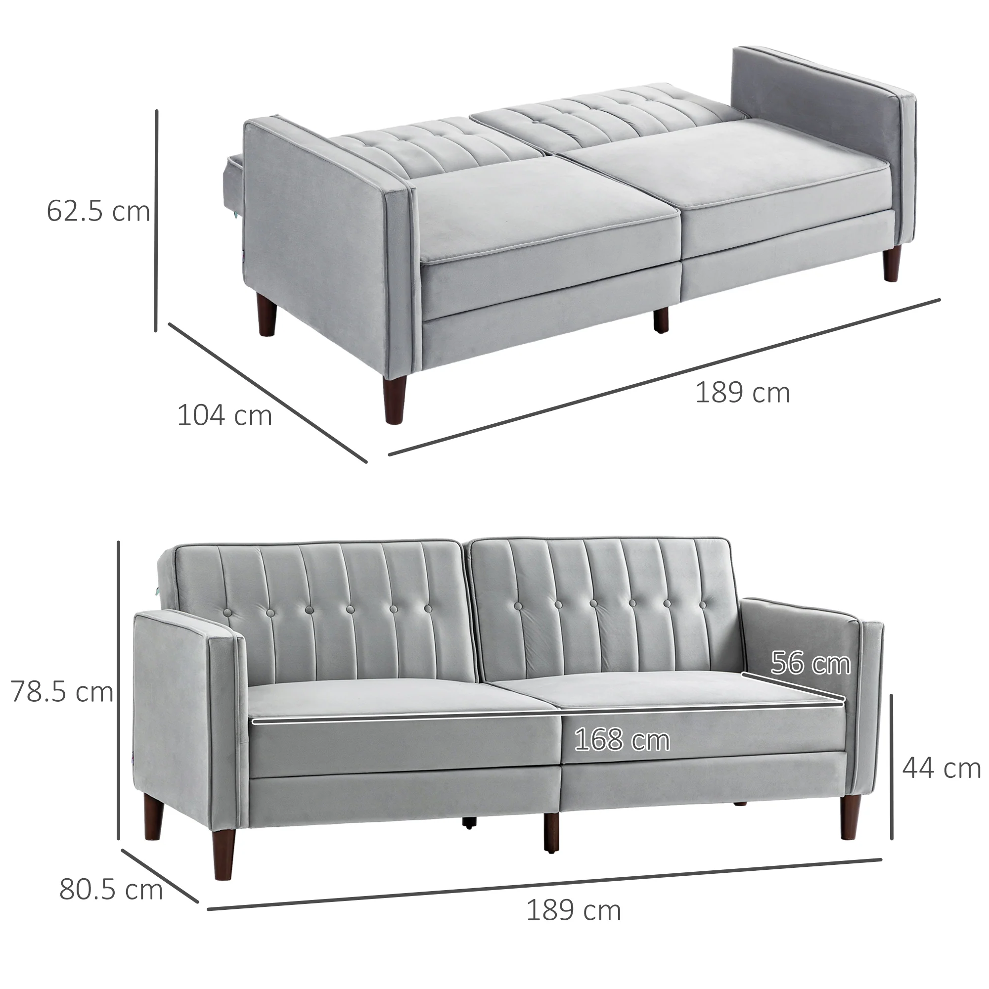 HOMCOM Convertible Sofa Futon Velvet-Touch Tufted Couch Sofa Bed Split Back Grey - Image 5