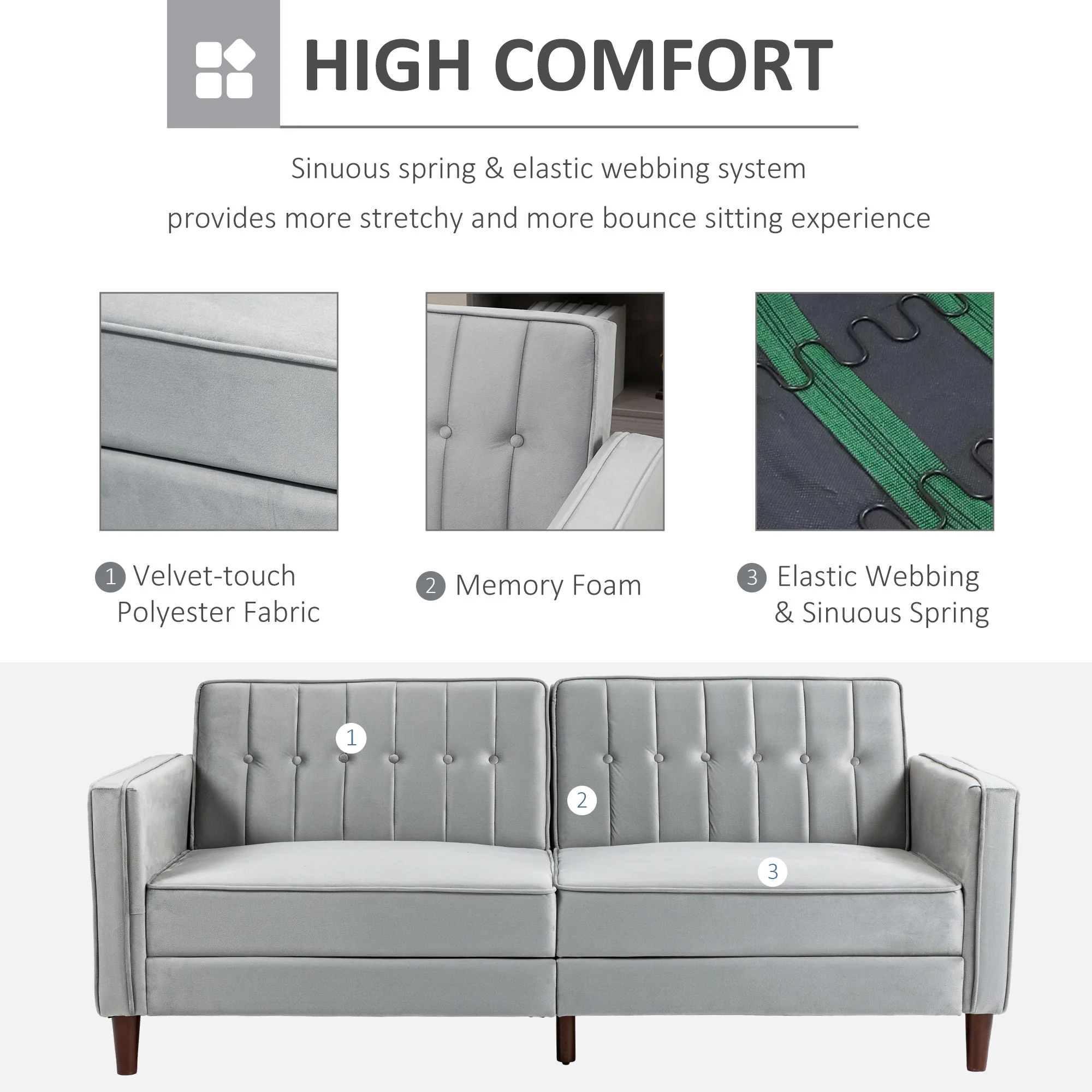 HOMCOM Convertible Sofa Futon Velvet-Touch Tufted Couch Sofa Bed Split Back Grey - Image 6