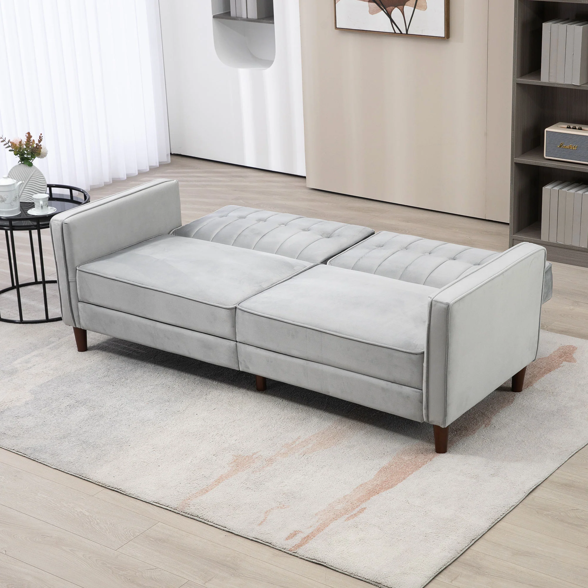HOMCOM Convertible Sofa Futon Velvet-Touch Tufted Couch Sofa Bed Split Back Grey - Image 7