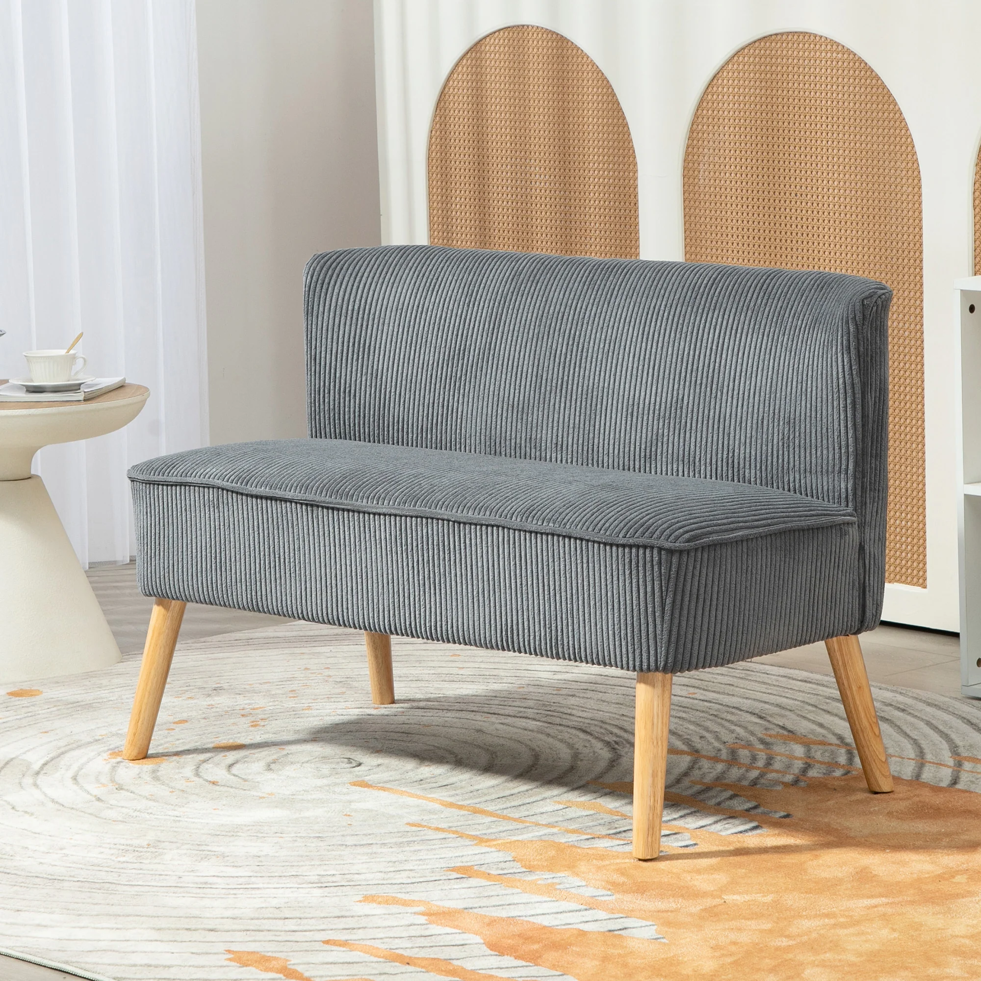 HOMCOM Corduroy Double Sofa W/ Wood Frame Foam Padding High Back, Grey - Image 2