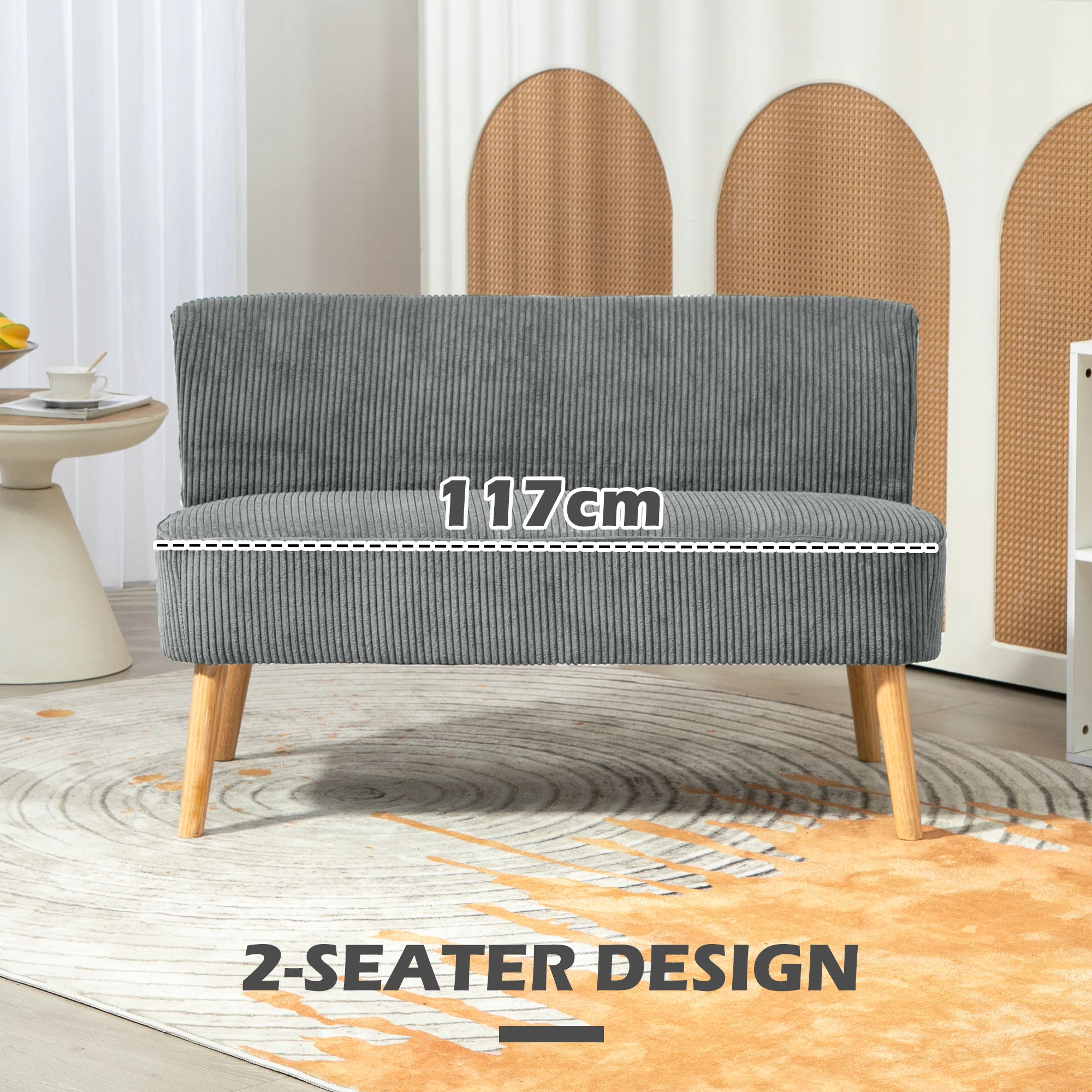 HOMCOM Corduroy Double Sofa W/ Wood Frame Foam Padding High Back, Grey - Image 6