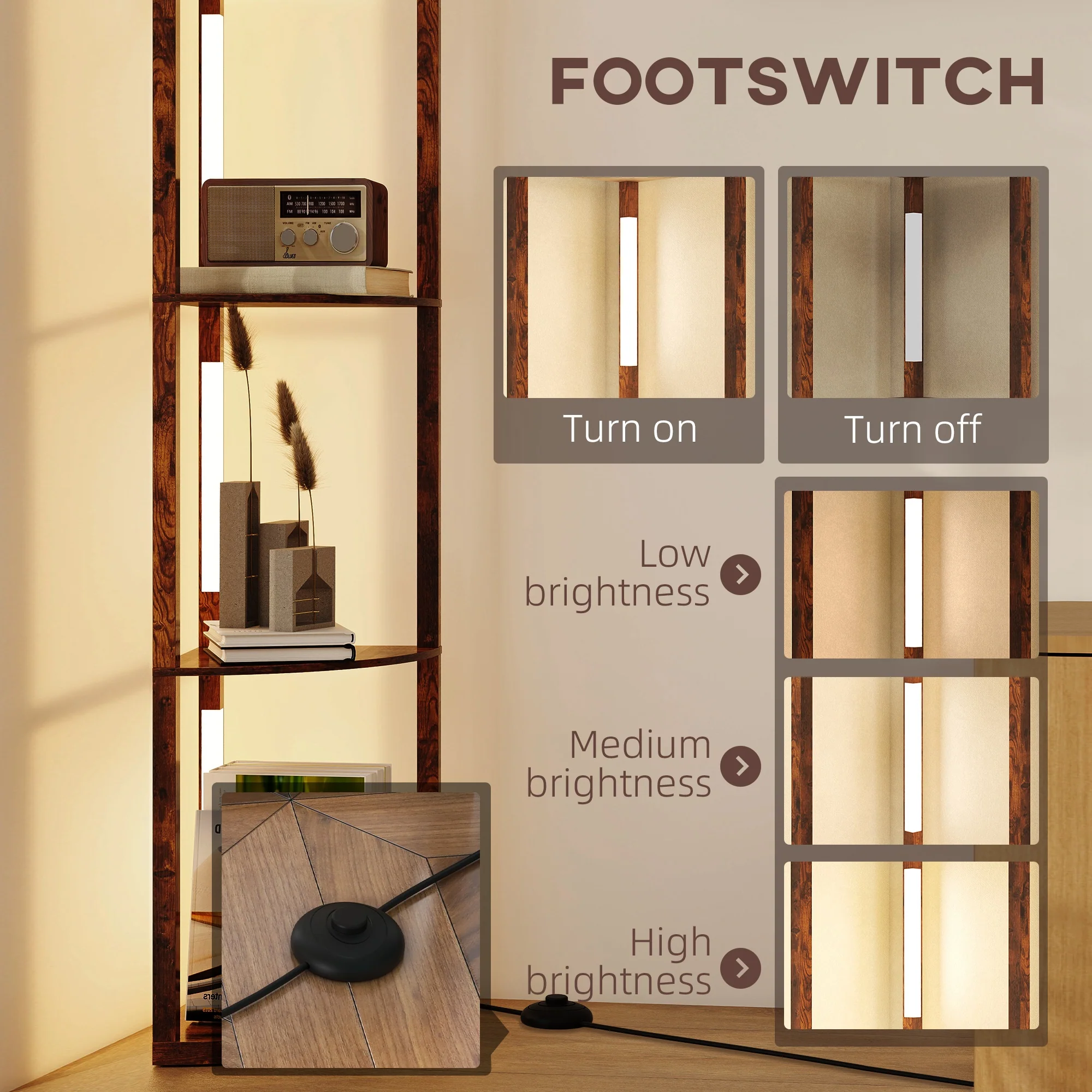 HOMCOM Corner Floor Lamp with Dimmable Warm White LED Light, Rustic Brown - Image 7