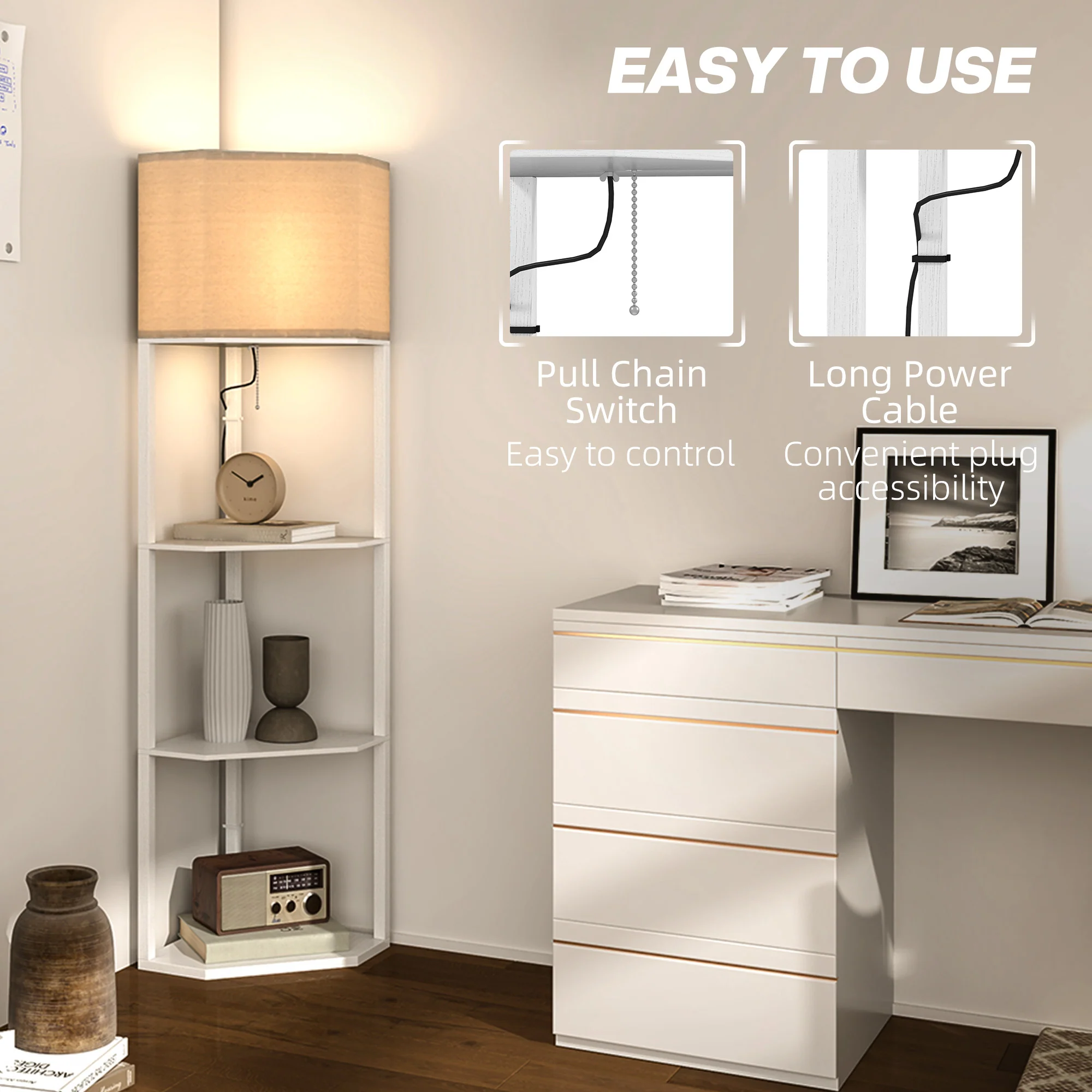 HOMCOM Corner Modern Floor Lamp With Shelves For Living Room, Bedroom - Image 15