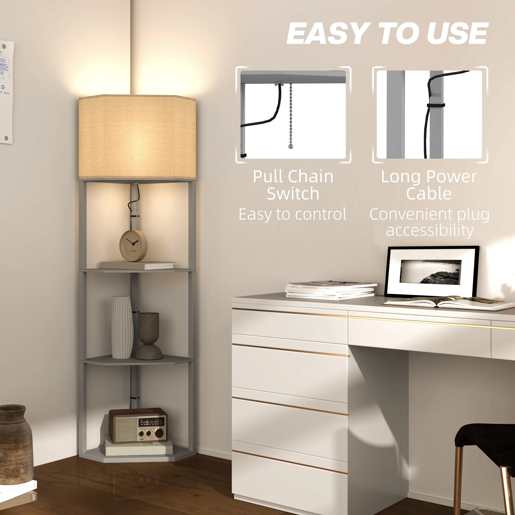 HOMCOM Corner Modern Floor Lamp With Shelves For Living Room, Bedroom - Image 6