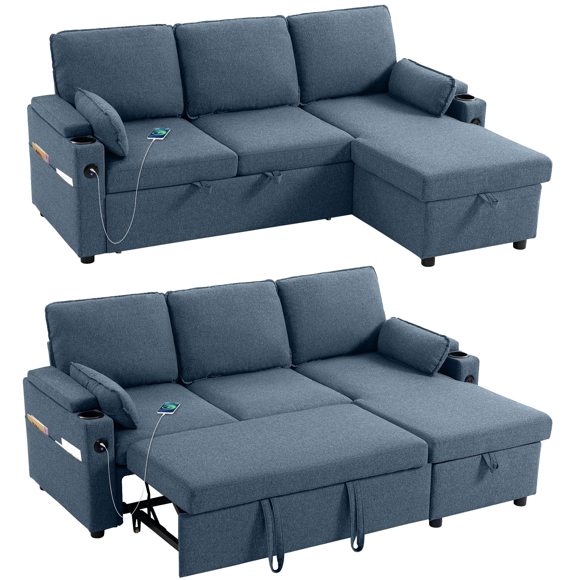 HOMCOM Corner Sofa Bed, L Shaped Sofa with Storage Chaise, USB Ports, Blue