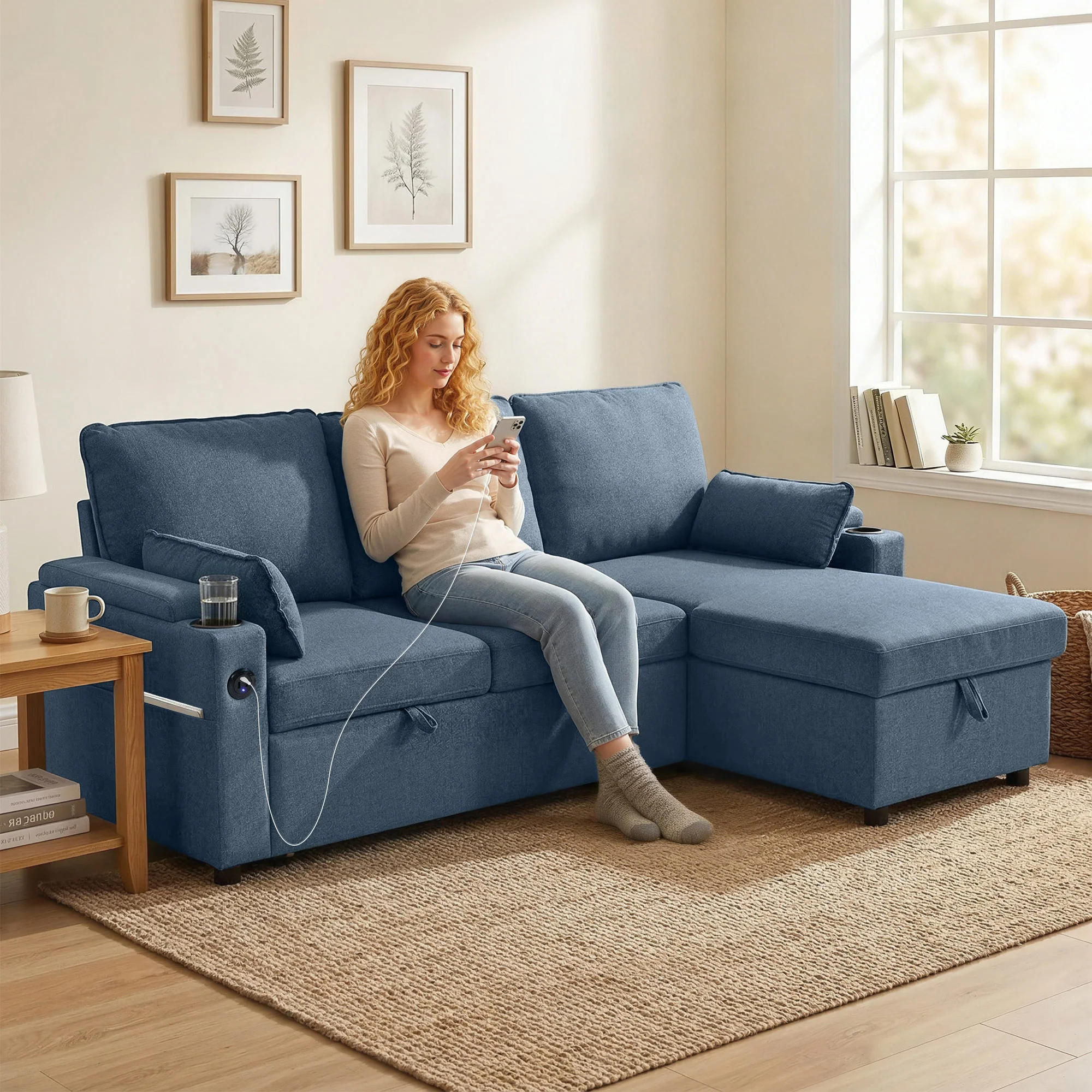 HOMCOM Corner Sofa Bed, L Shaped Sofa with Storage Chaise, USB Ports, Blue - Image 2