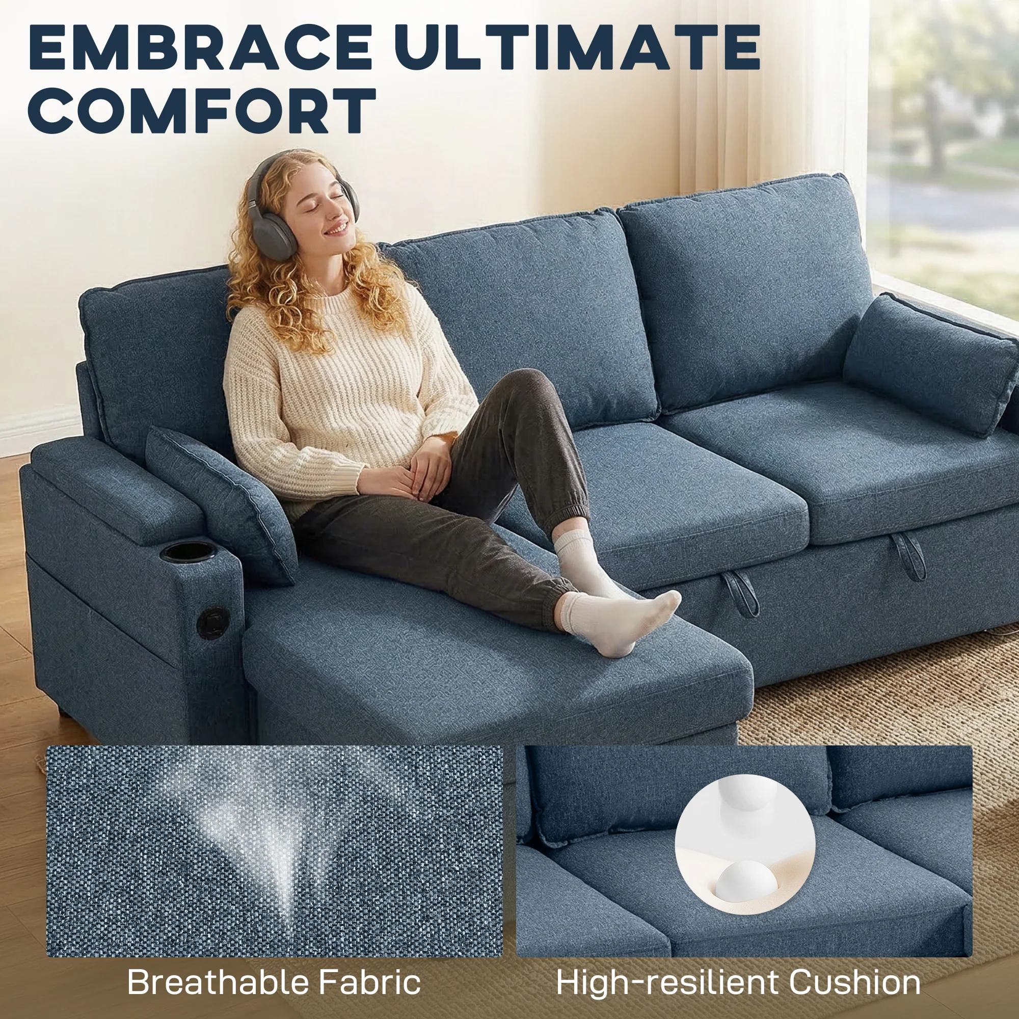 HOMCOM Corner Sofa Bed, L Shaped Sofa with Storage Chaise, USB Ports, Blue - Image 3
