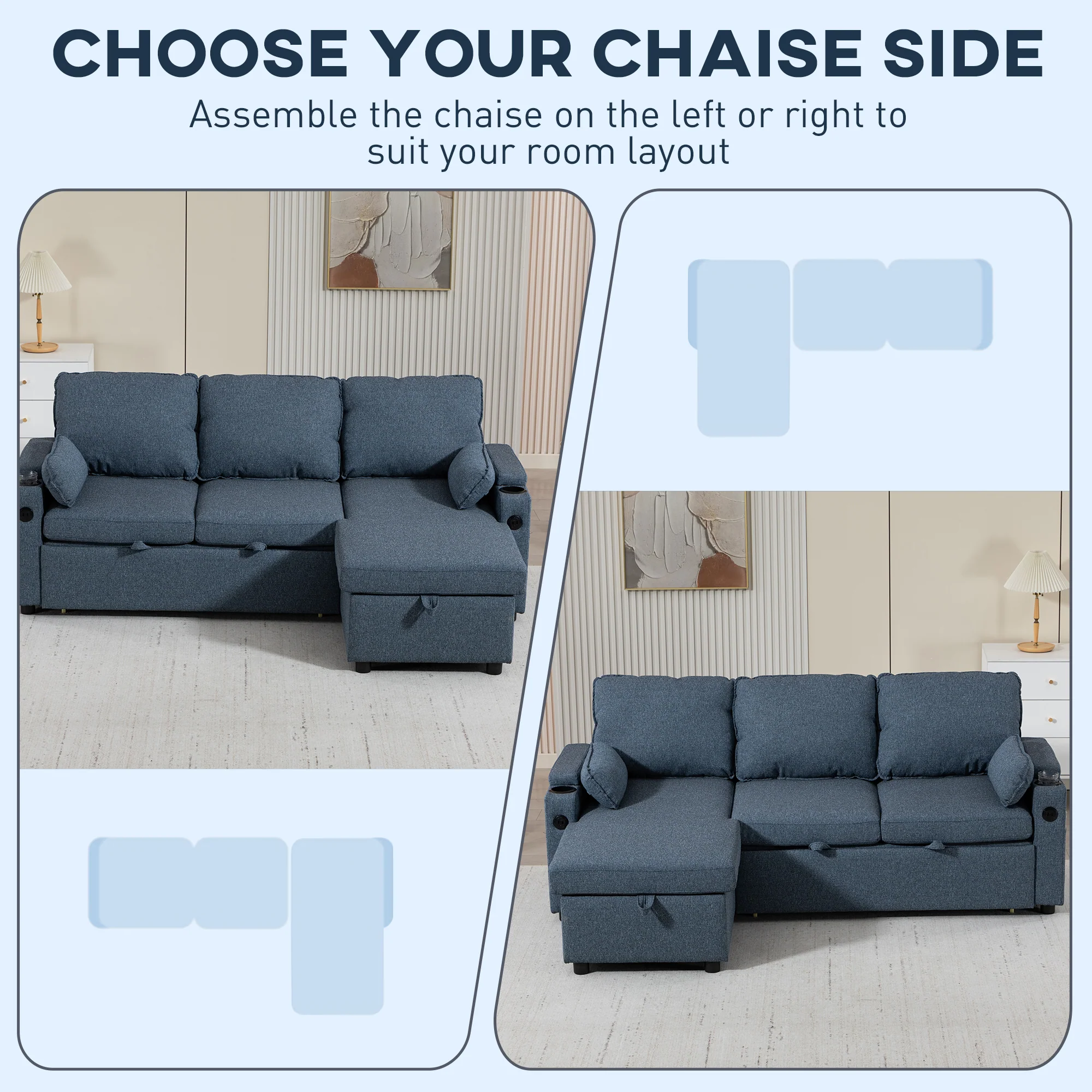 HOMCOM Corner Sofa Bed, L Shaped Sofa with Storage Chaise, USB Ports, Blue - Image 4