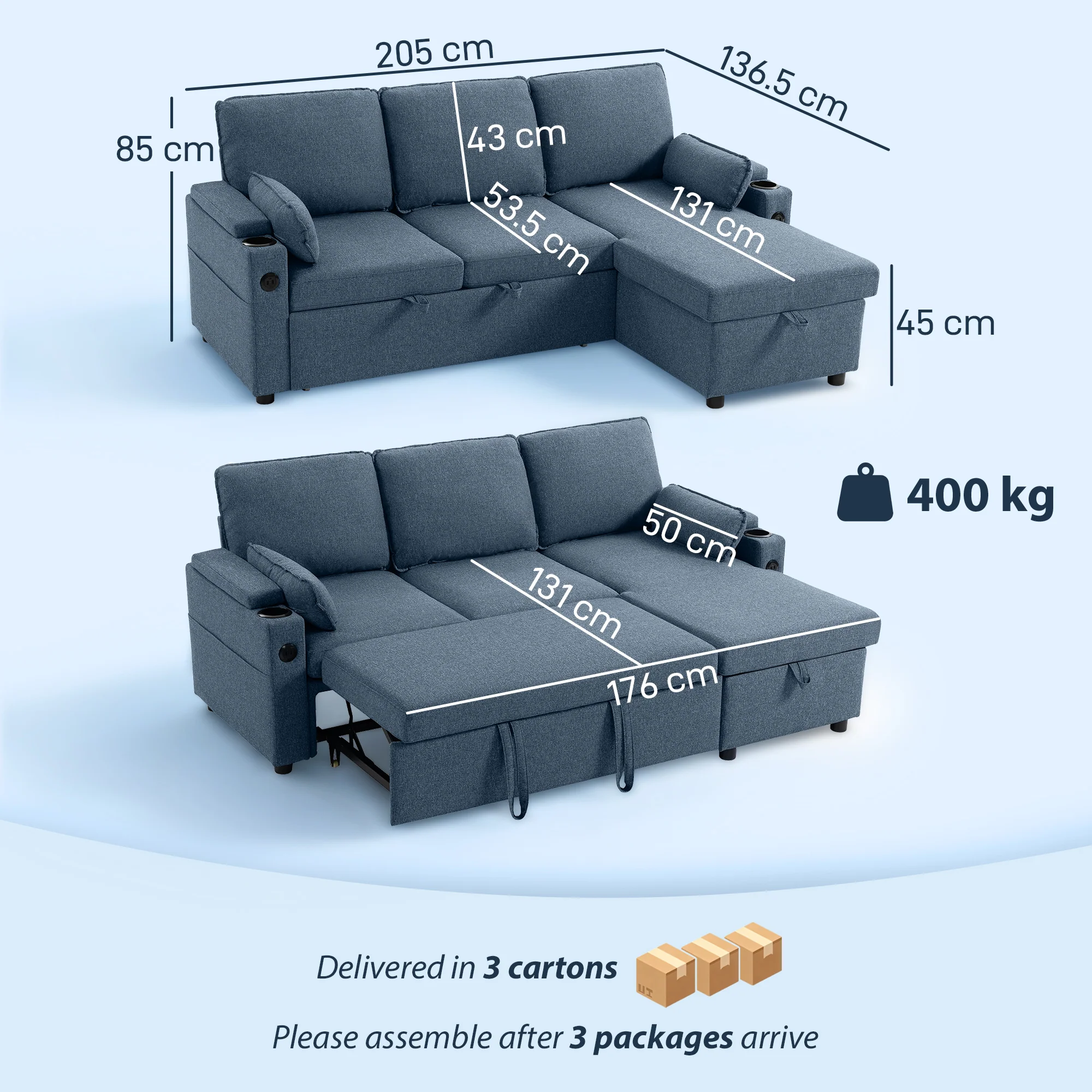 HOMCOM Corner Sofa Bed, L Shaped Sofa with Storage Chaise, USB Ports, Blue - Image 5