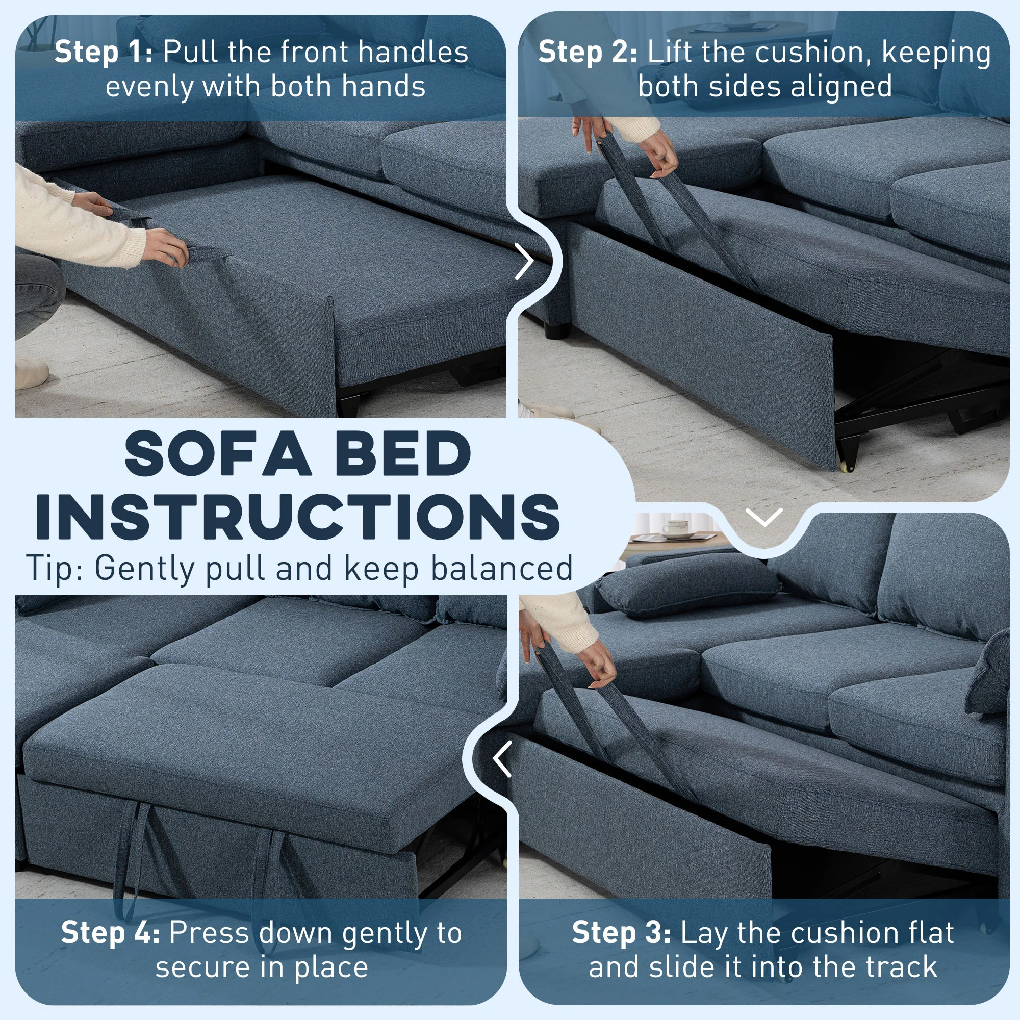 HOMCOM Corner Sofa Bed, L Shaped Sofa with Storage Chaise, USB Ports, Blue - Image 6