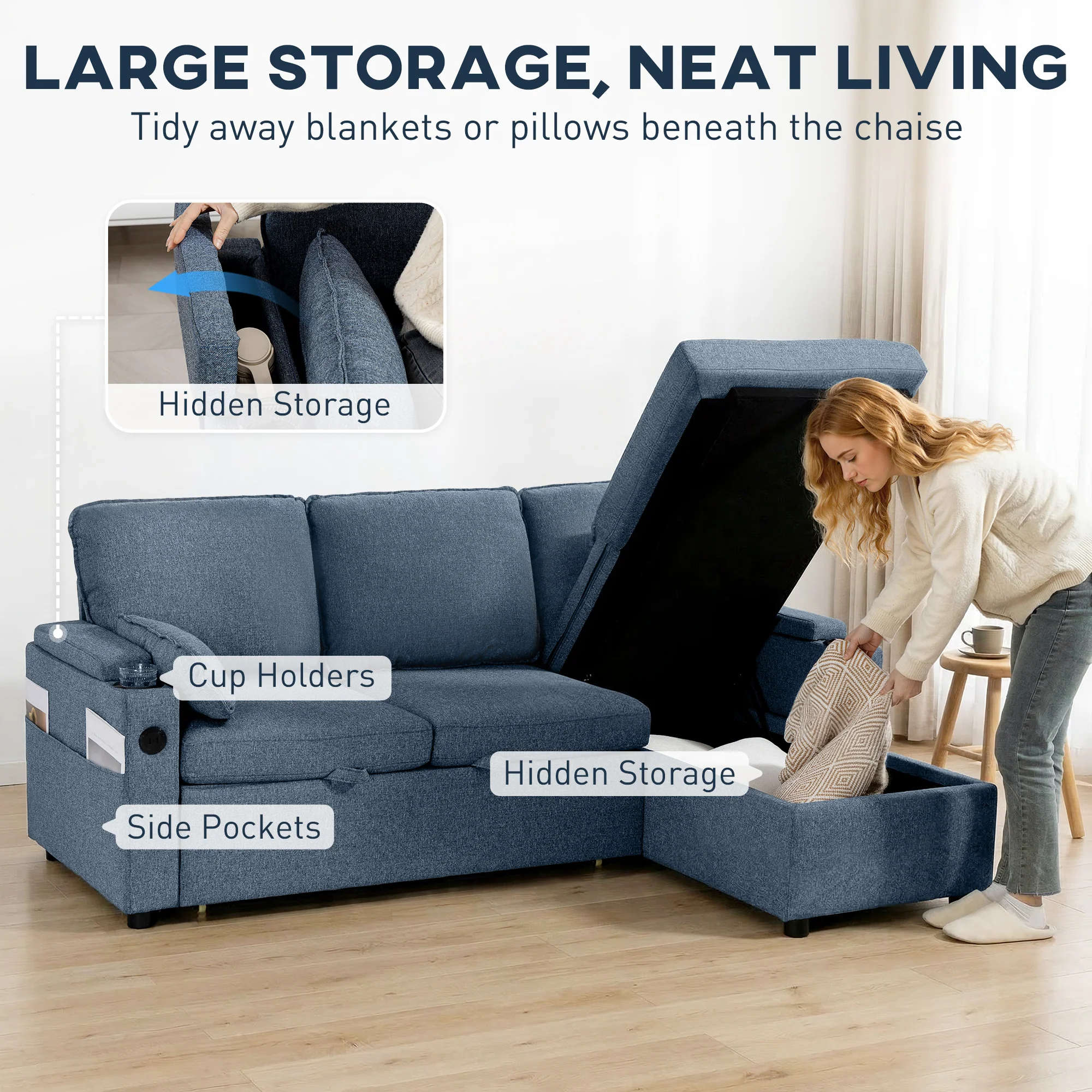 HOMCOM Corner Sofa Bed, L Shaped Sofa with Storage Chaise, USB Ports, Blue - Image 7
