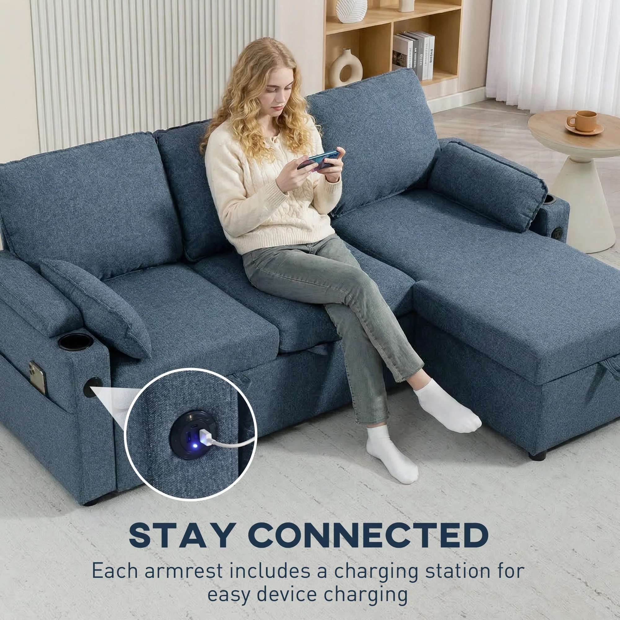 HOMCOM Corner Sofa Bed, L Shaped Sofa with Storage Chaise, USB Ports, Blue - Image 8