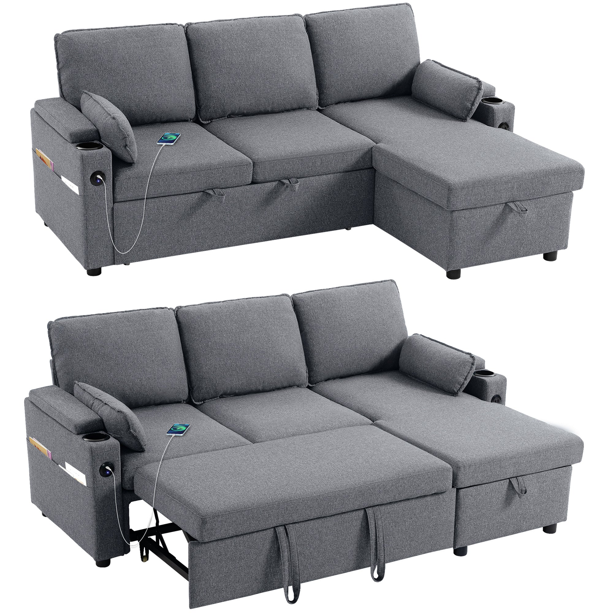 HOMCOM Corner Sofa Bed, L Shaped Sofa With Storage Chaise, USB Ports, Grey