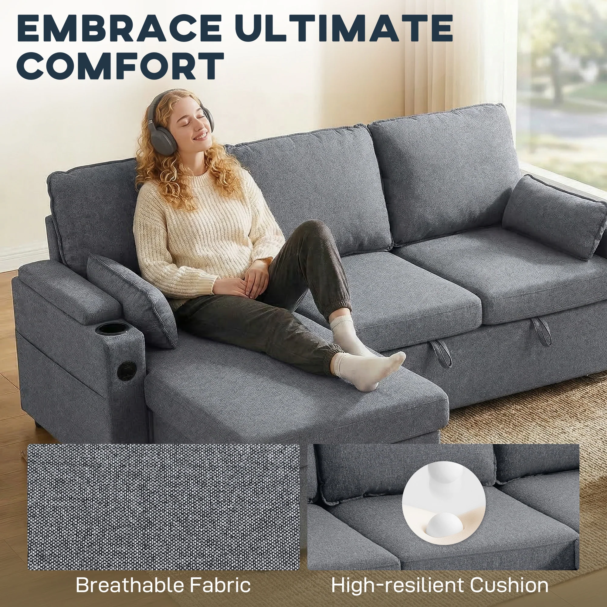 HOMCOM Corner Sofa Bed, L Shaped Sofa With Storage Chaise, USB Ports, Grey - Image 3