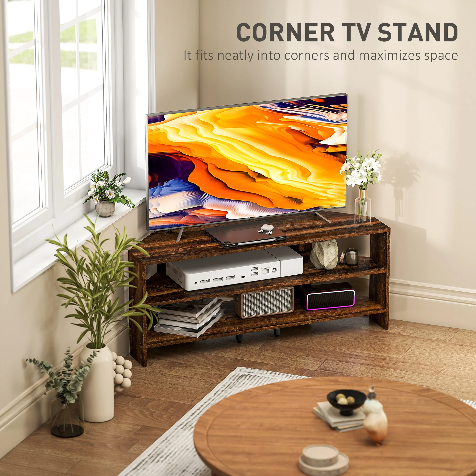 HOMCOM Corner TV Stand, TV Unit With Open Shelves For 47 Inch TV - Image 12