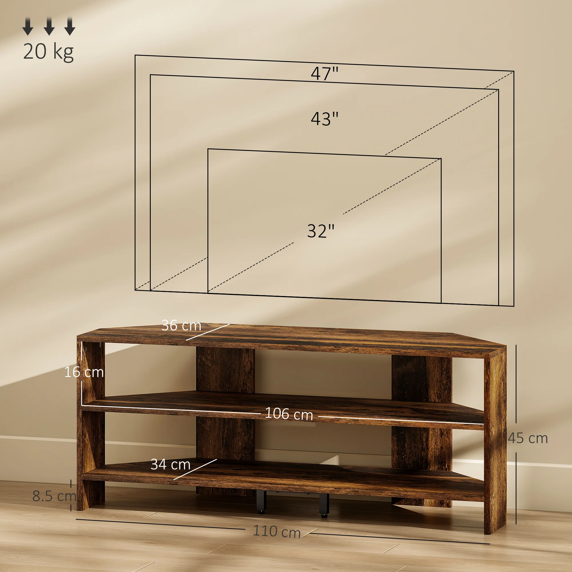 HOMCOM Corner TV Stand, TV Unit With Open Shelves For 47 Inch TV - Image 14