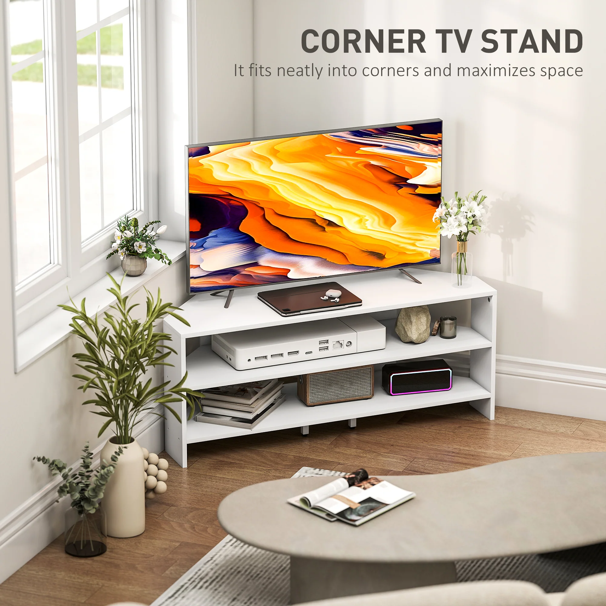 HOMCOM Corner TV Stand, TV Unit With Open Shelves For 47 Inch TV - Image 21