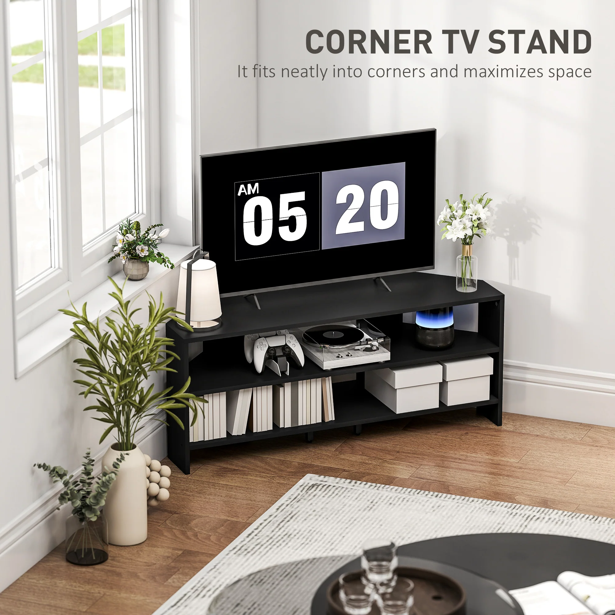 HOMCOM Corner TV Stand, TV Unit With Open Shelves For 47 Inch TV - Image 3