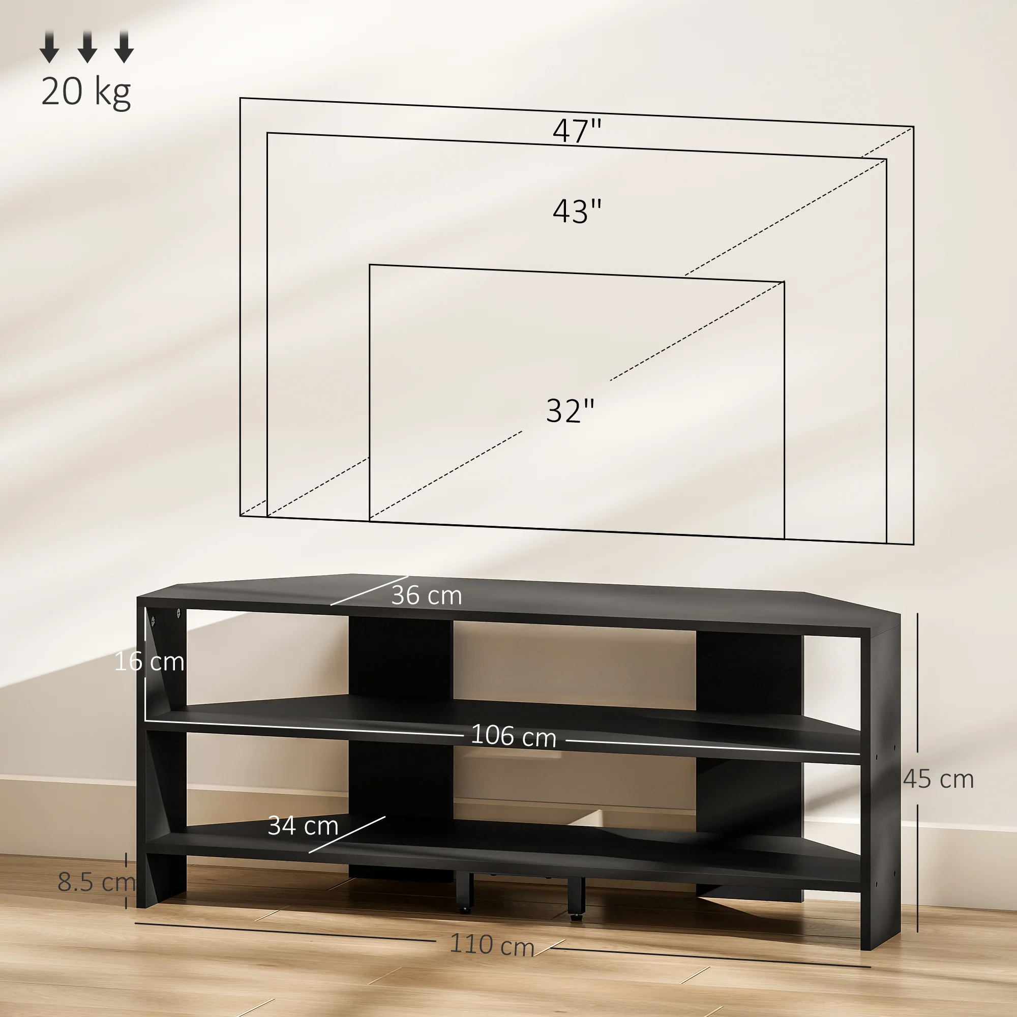 HOMCOM Corner TV Stand, TV Unit With Open Shelves For 47 Inch TV - Image 5