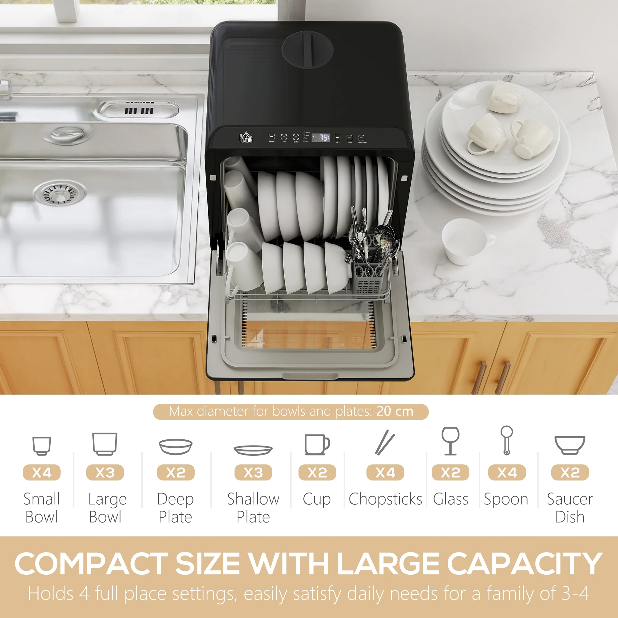 HOMCOM Countertop Dishwasher with Dual Water Supply and 6 Programs, Black - Image 3