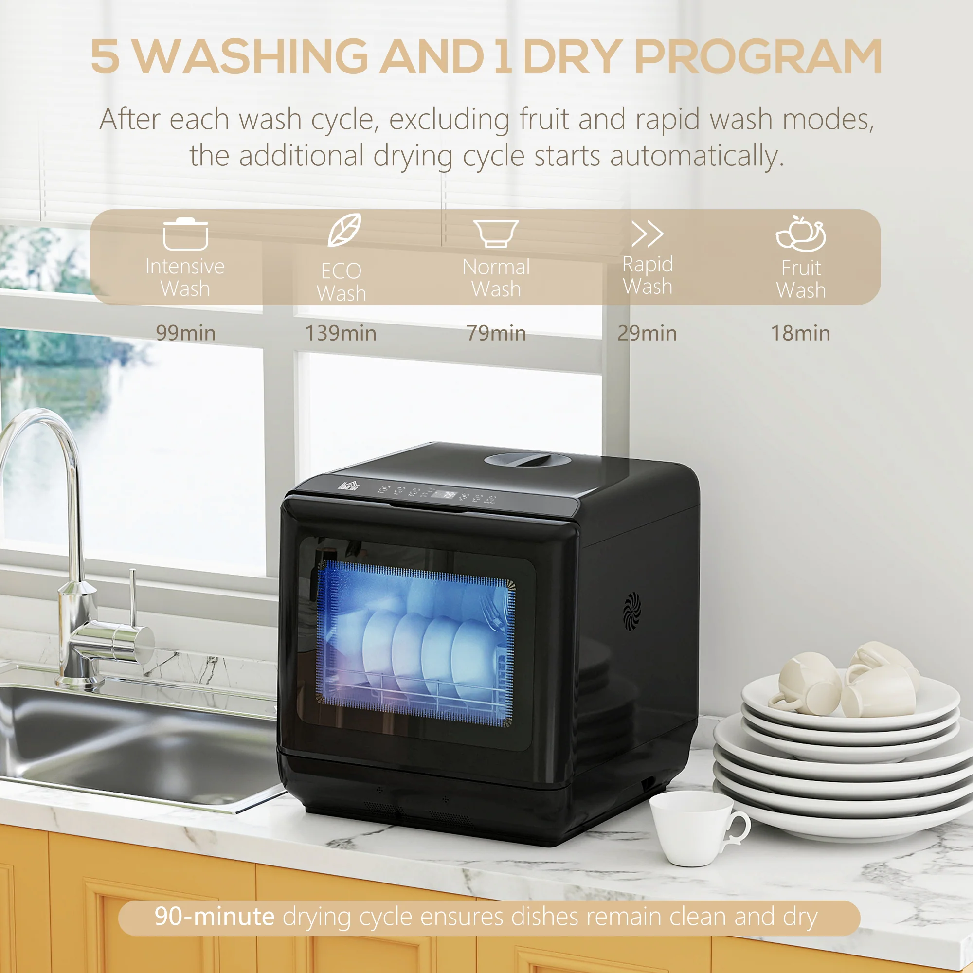 HOMCOM Countertop Dishwasher with Dual Water Supply and 6 Programs, Black - Image 4