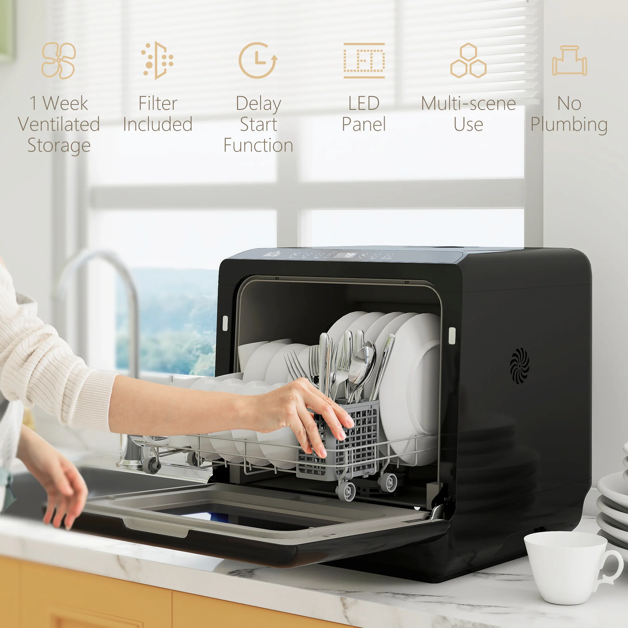 HOMCOM Countertop Dishwasher with Dual Water Supply and 6 Programs, Black - Image 8