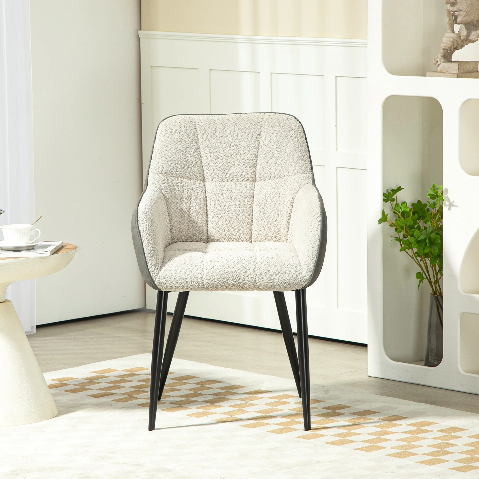 HOMCOM Accent Chair W/ Foot Pads And Chenille Fabric Arm Chair - Cream White/Black - Image 6