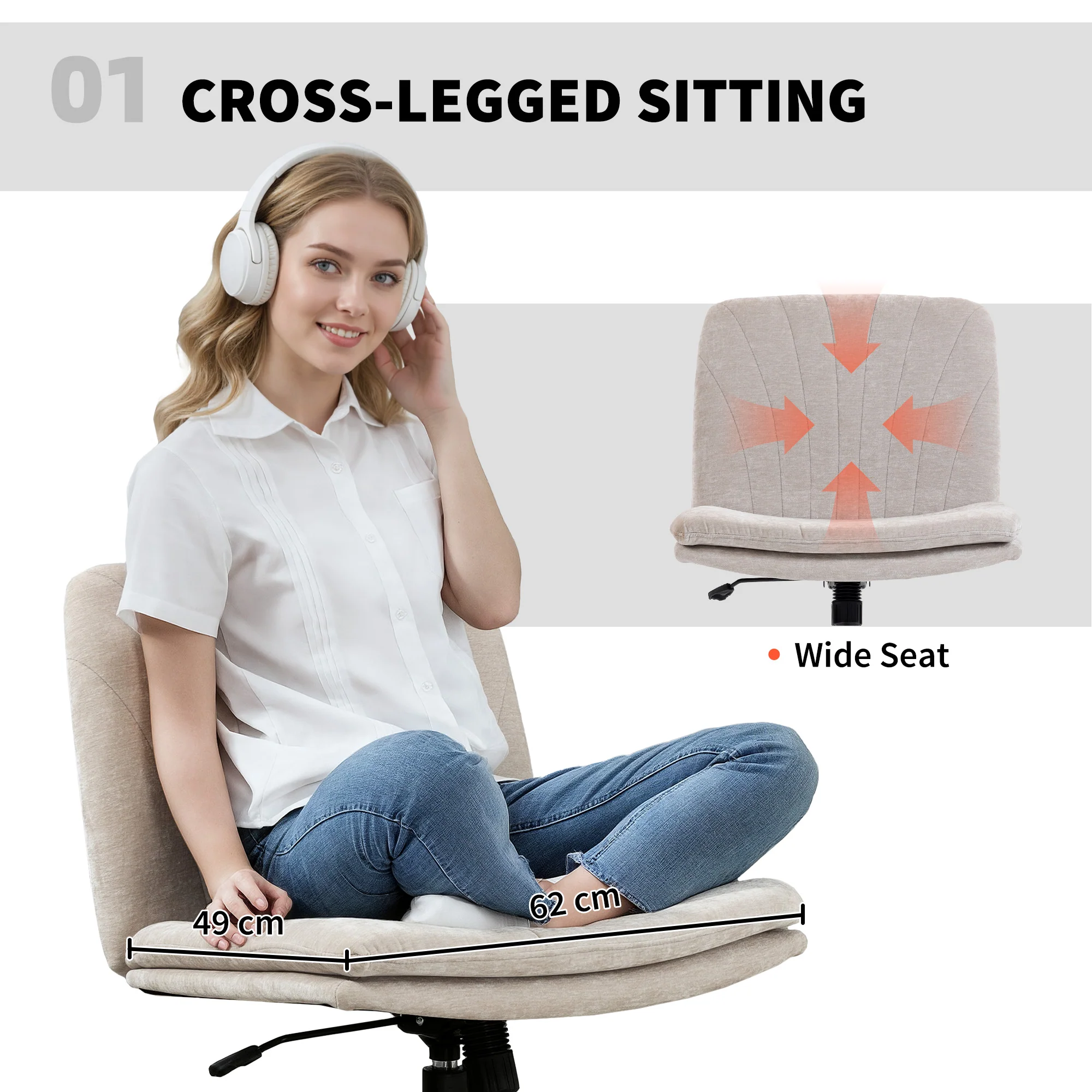 HOMCOM Criss Cross Chair with Wheels, Armless Wide Office Chair, Beige - Image 3