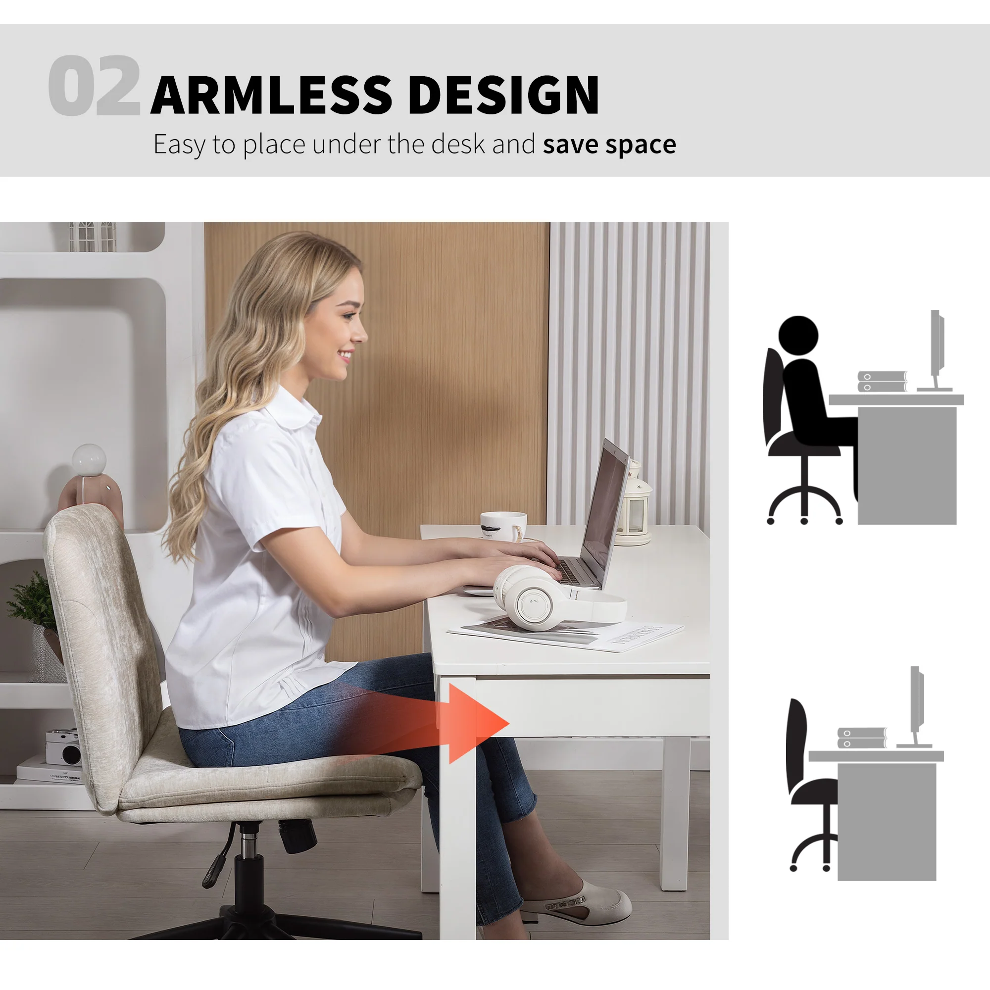 HOMCOM Criss Cross Chair with Wheels, Armless Wide Office Chair, Beige - Image 4
