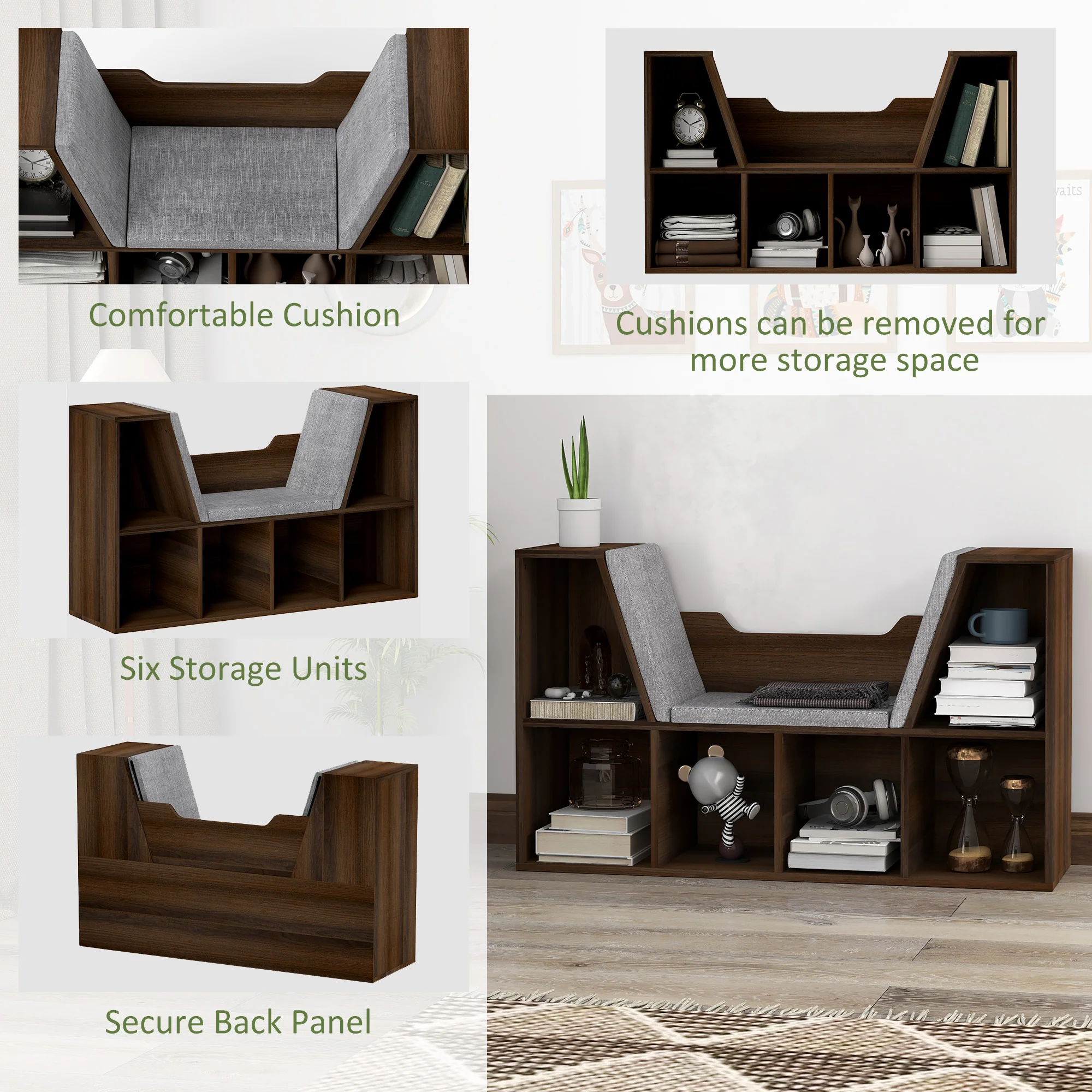 HOMCOM Cube Bookshelf Organizer With Reading Seat, Six Cubes, Chestnut - Image 6