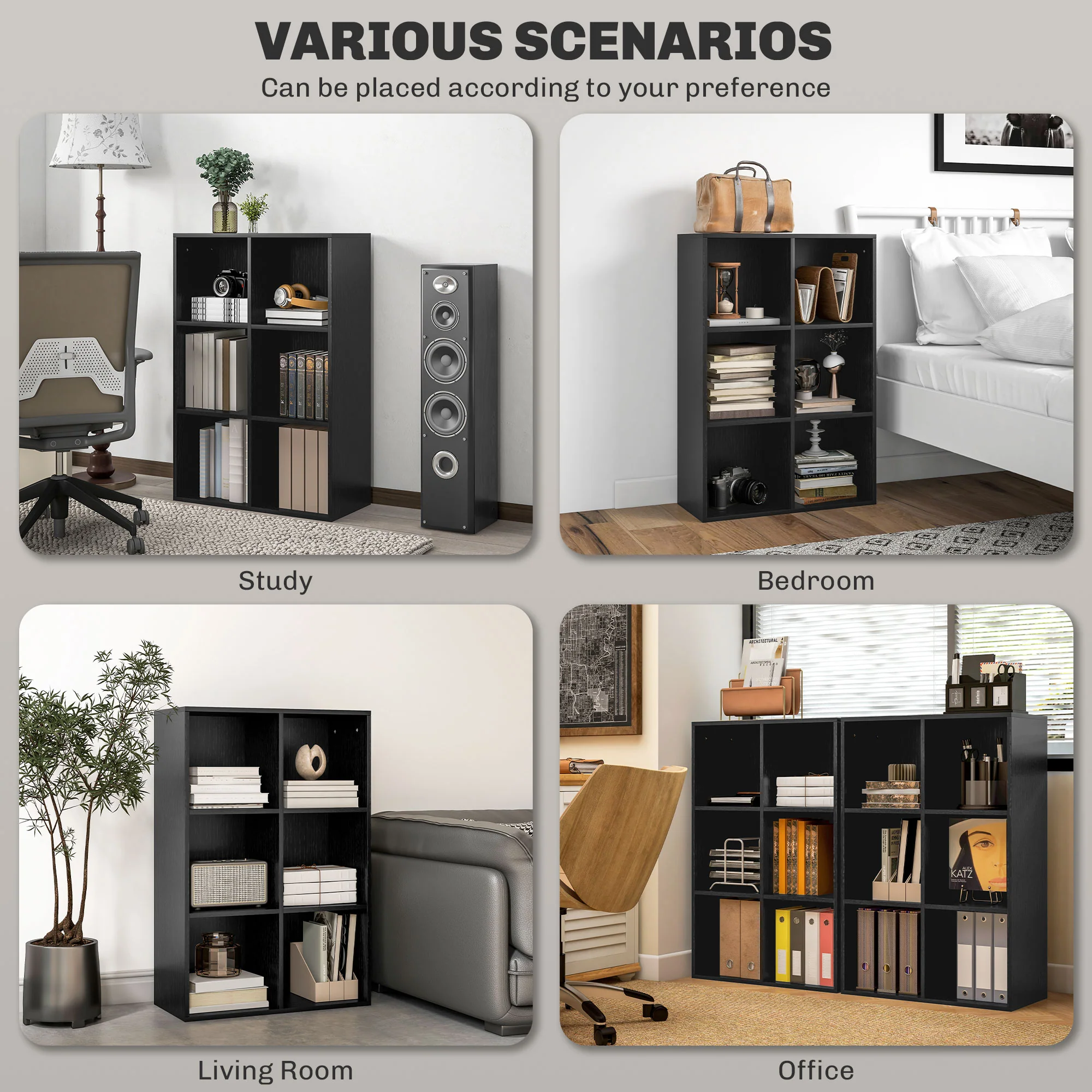 HOMCOM Cubic Cabinet Bookcase Storage Shelves for Home Office, Black - Image 6